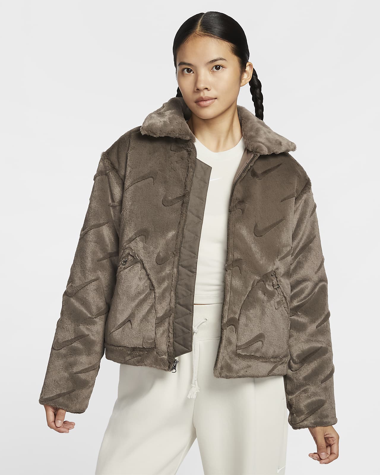 Nike Sportswear Essential 女子整版图案宽松人造毛皮夹克