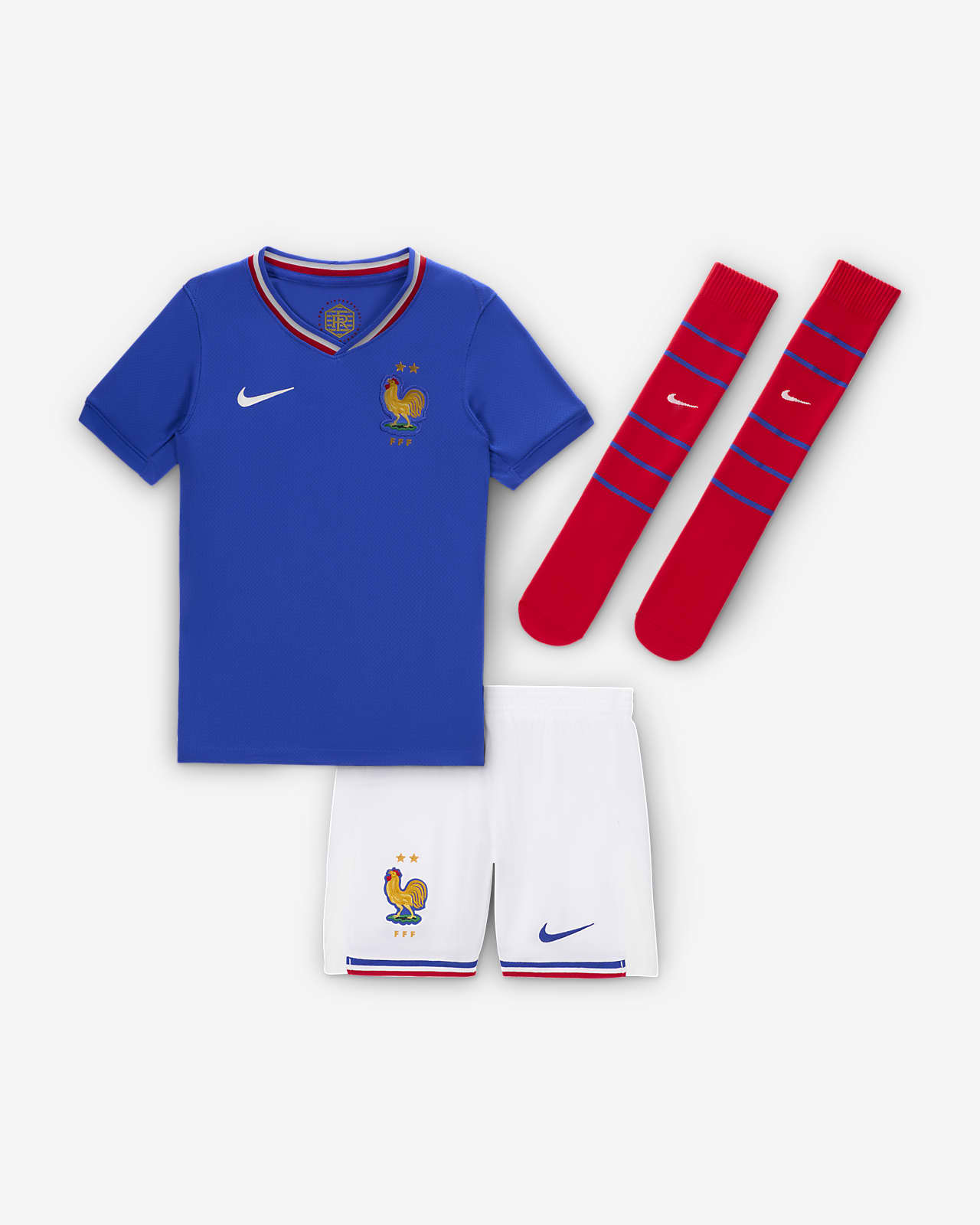2024 赛季法国队主场球迷版 Nike 幼童足球球衣、短裤和足球袜套装