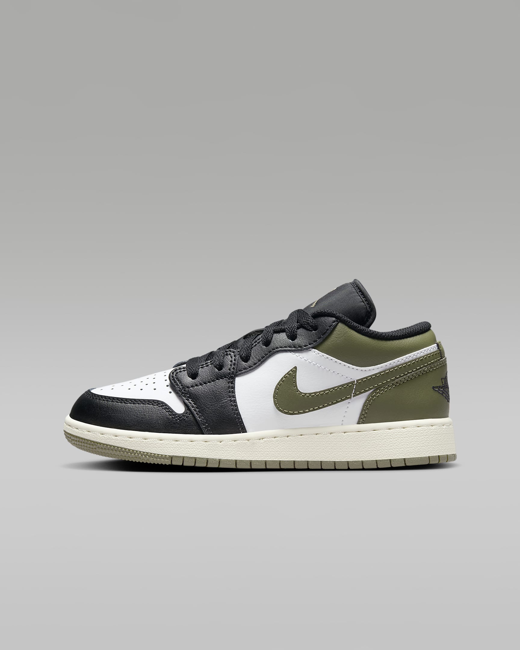 Air Jordan 1 Low 大童运动鞋 - 黑/中橄榄绿/白色