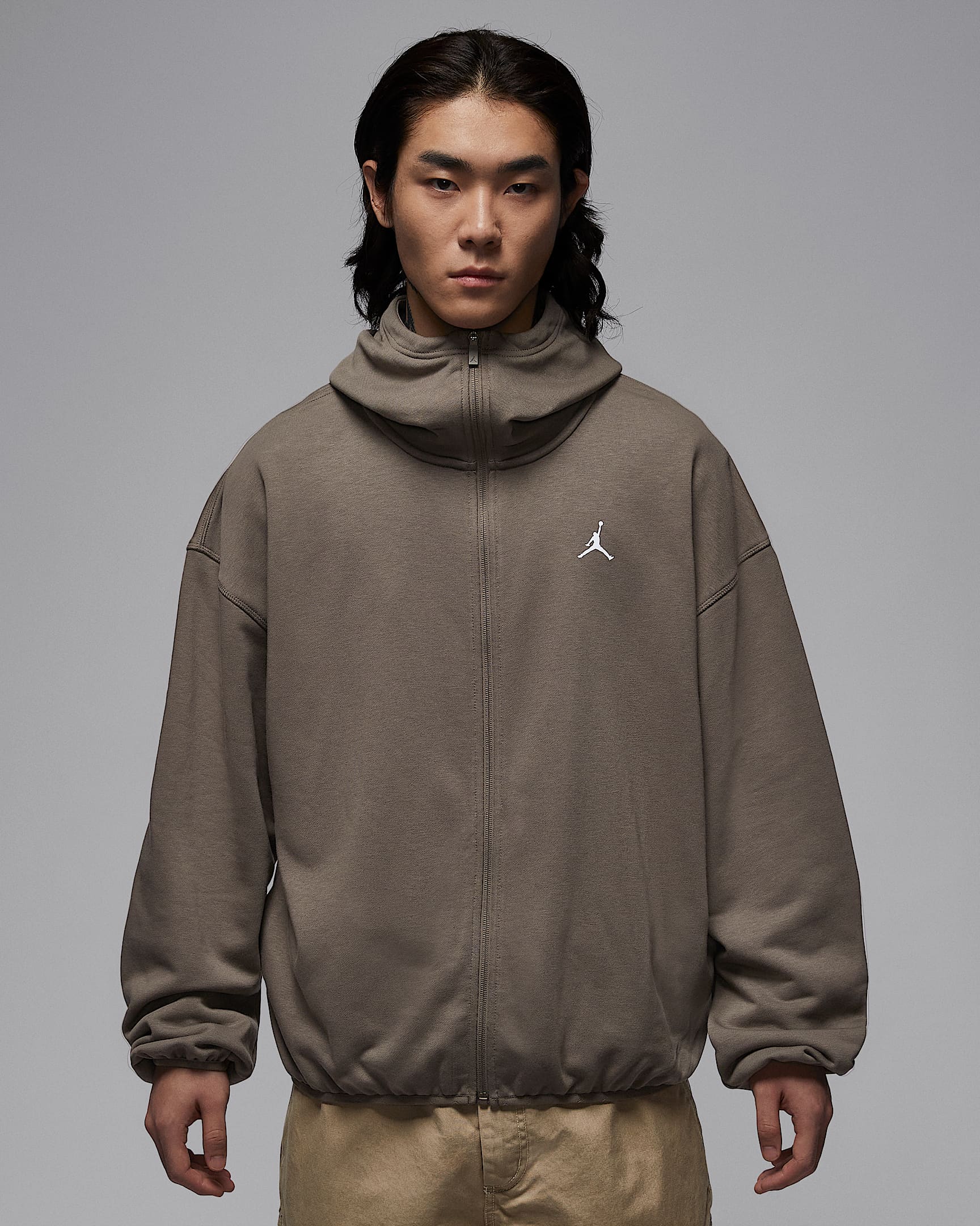 Jordan Brooklyn Hike Mike 男子全长拉链开襟连帽衫 - 橄榄灰/浅野芒果黄/金属银