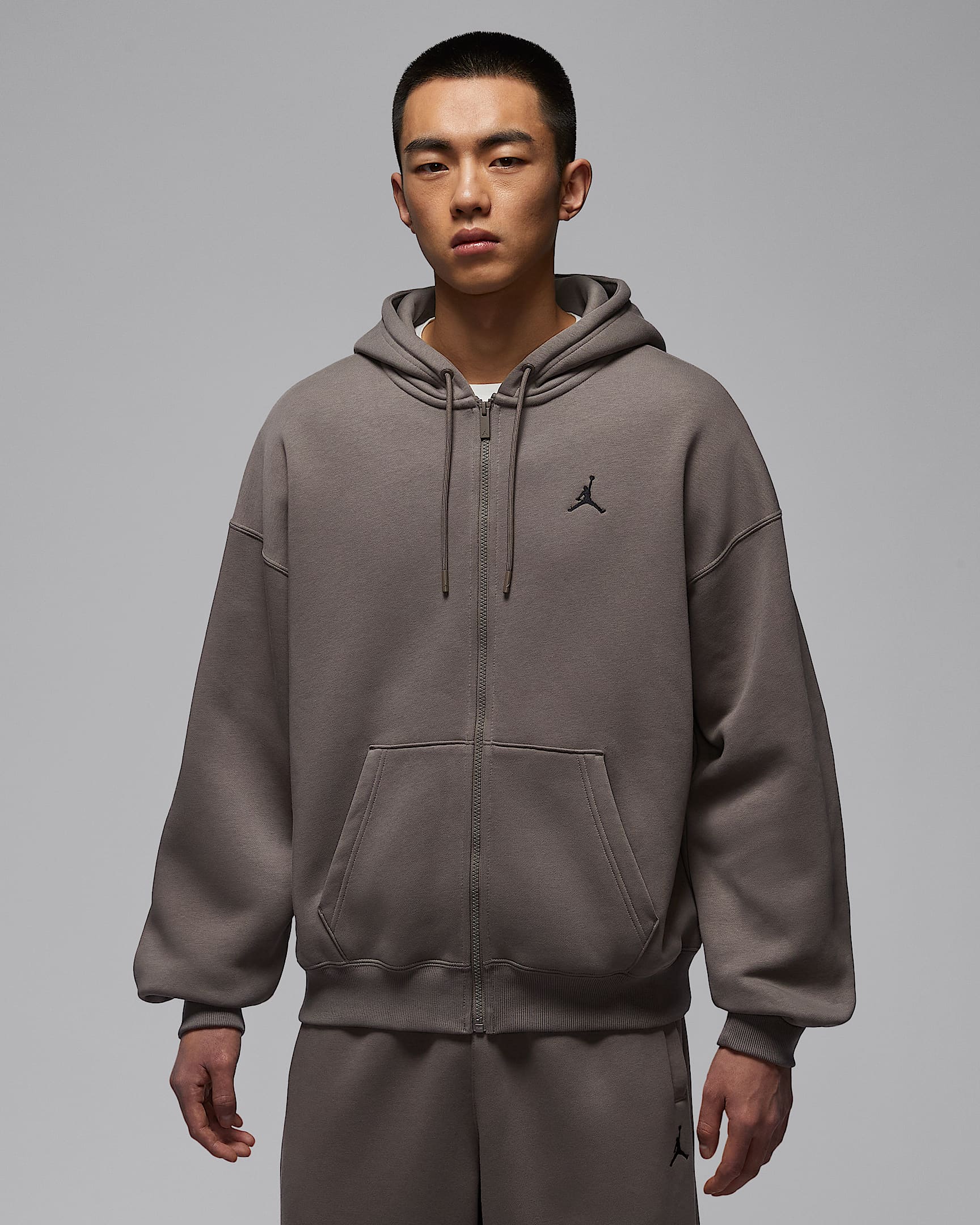 Jordan Brooklyn Fleece 男子 Oversize 风全长拉链开襟加绒连帽衫 - 橄榄灰/黑