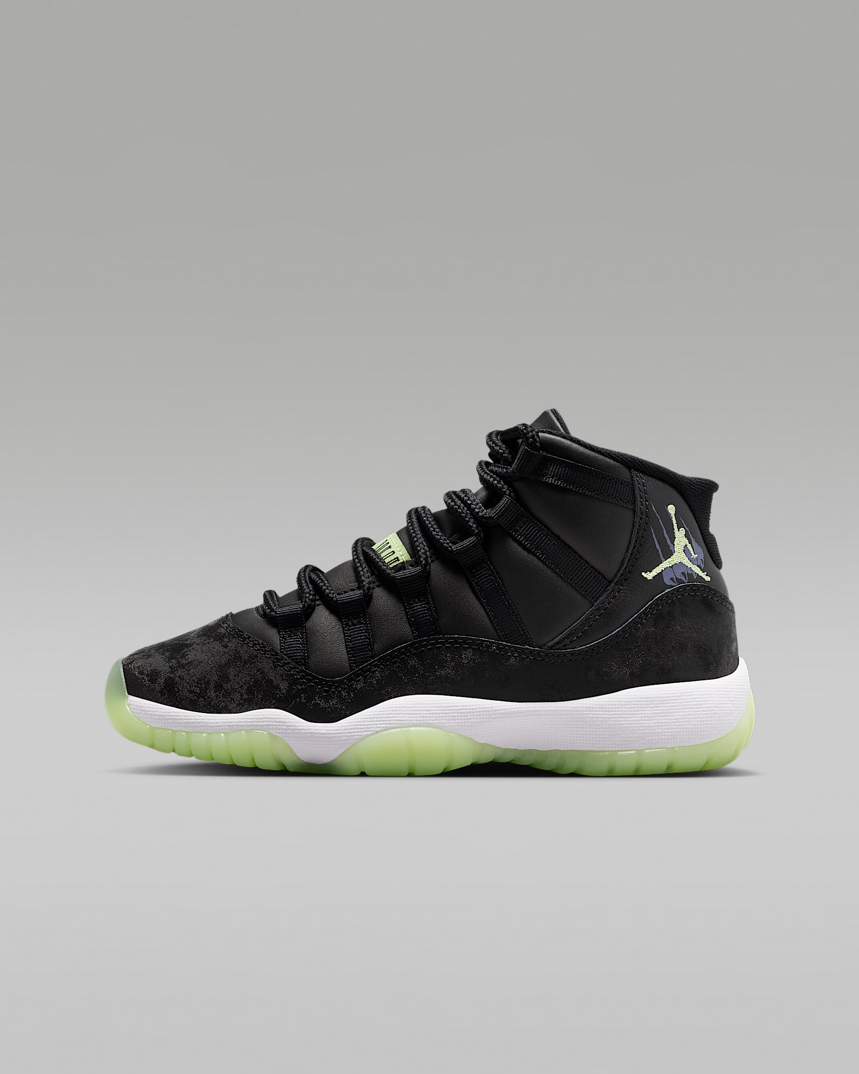 Air Jordan 11 Retro 复刻大童运动鞋 - 黑/乌紫/白色/微黄绿