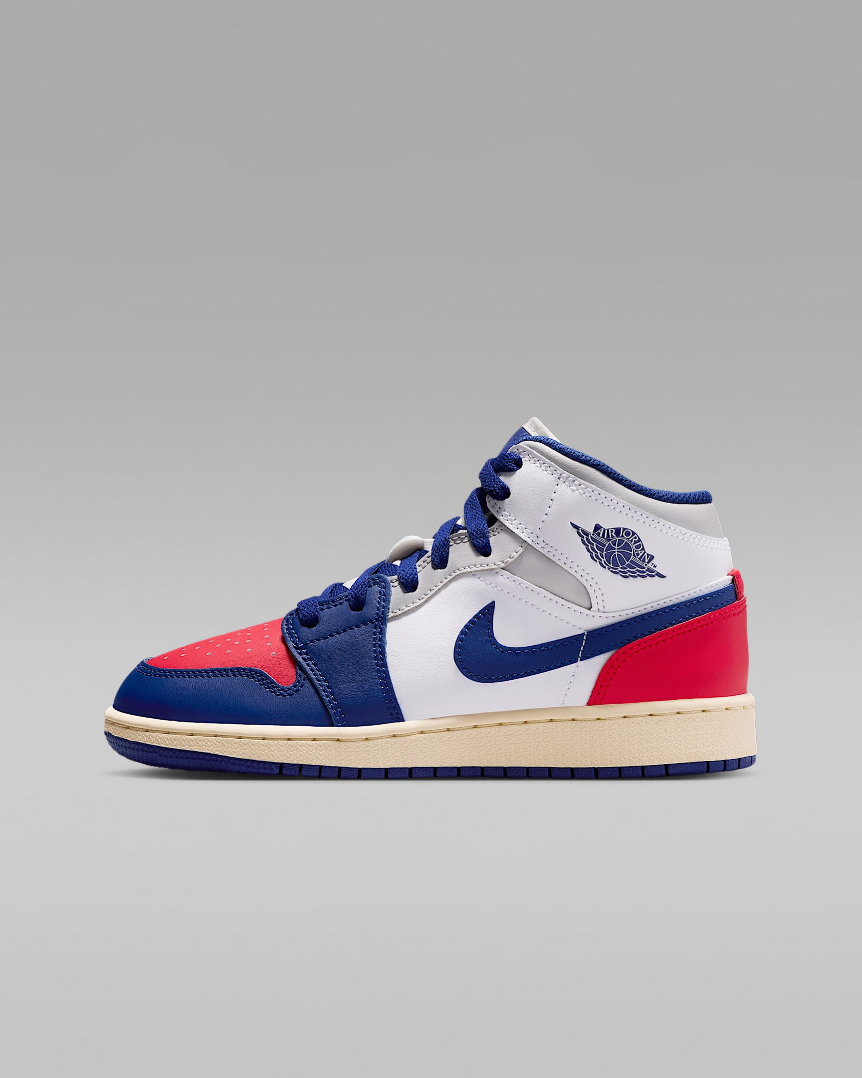 Air Jordan 1 Mid 大童运动鞋 - 白色/大学红/浅灰/深宝蓝