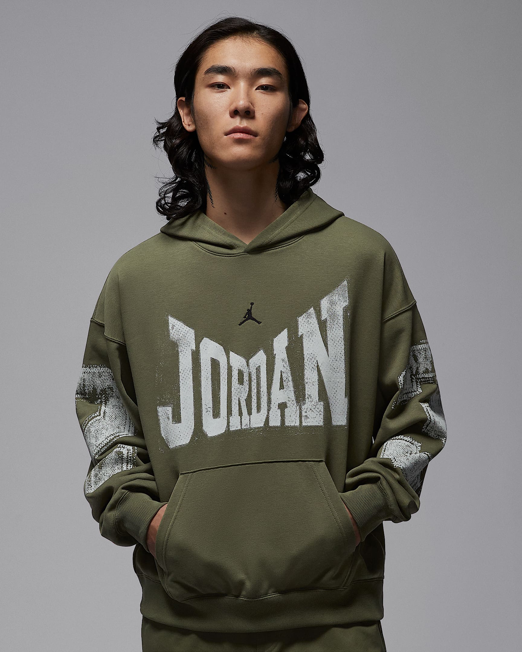 Jordan Brooklyn 男子学院风套头连帽衫 - 中橄榄绿/黑