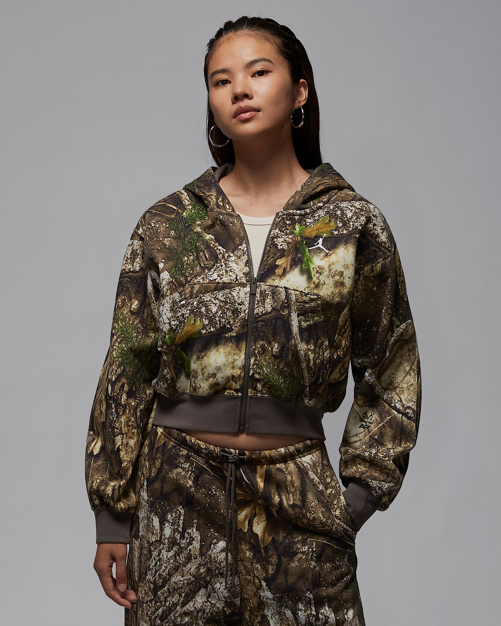Jordan Brooklyn Fleece Realtree 女子时尚短款加绒全长拉链开襟连帽衫 - 帆白/帆白