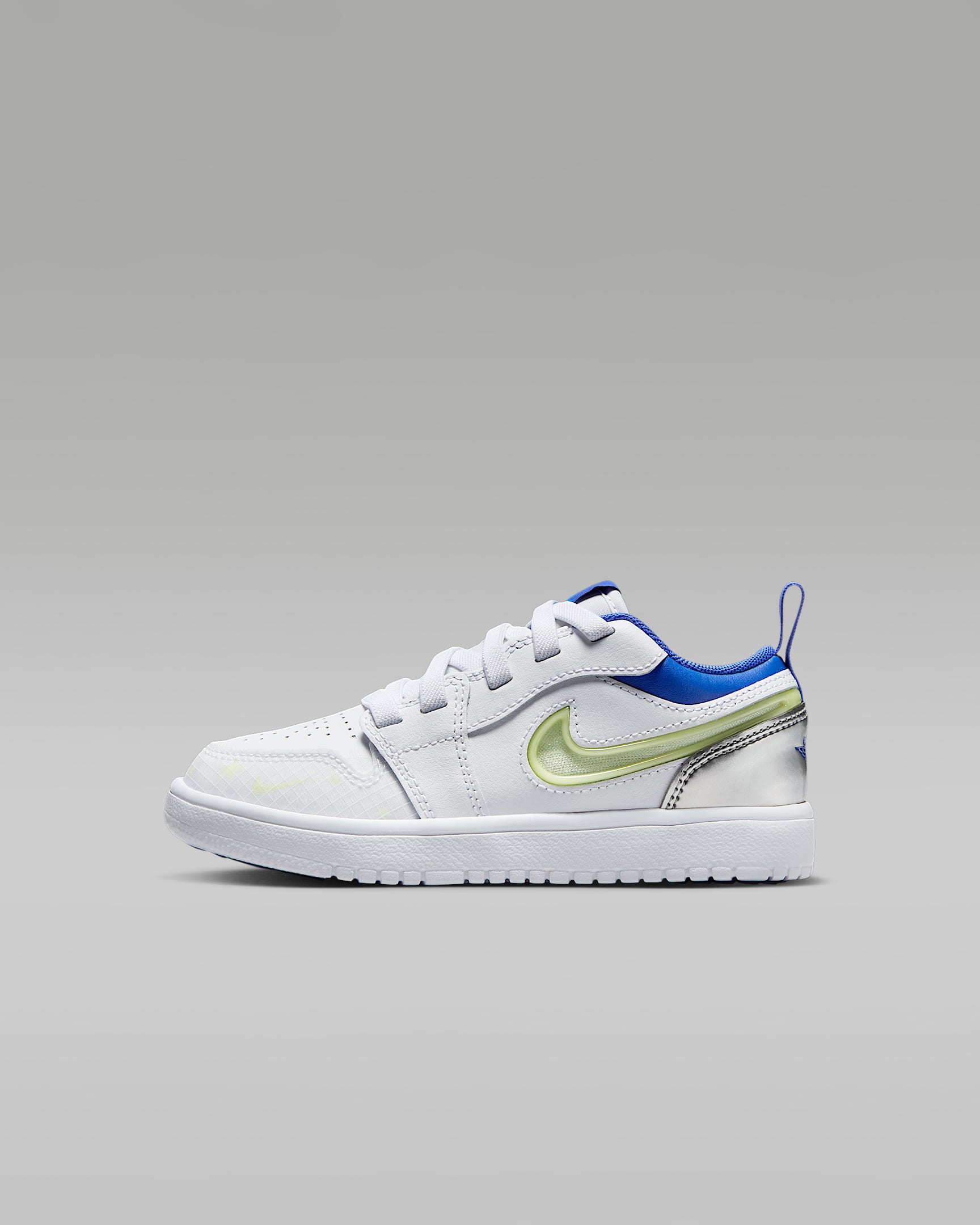 Jordan 1 Low Alt Sneaker School 幼童运动鞋 - 白色/金属银/浅荧光黄/皇家蓝