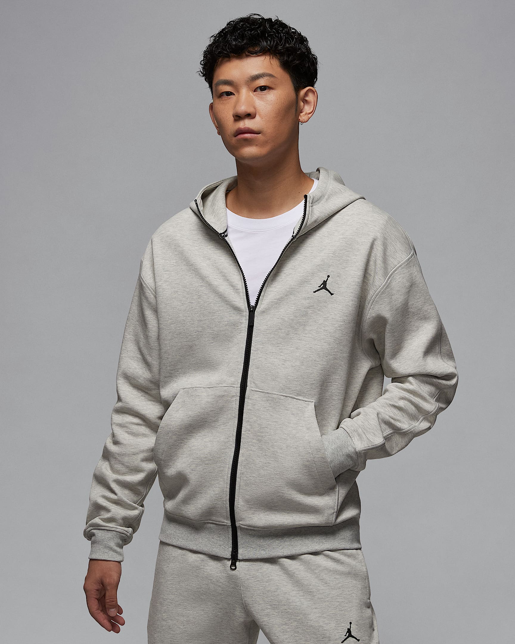 Jordan Sport Hoop Fleece Dri-FIT 男子速干全长拉链开襟篮球连帽衫 - 麻灰/黑