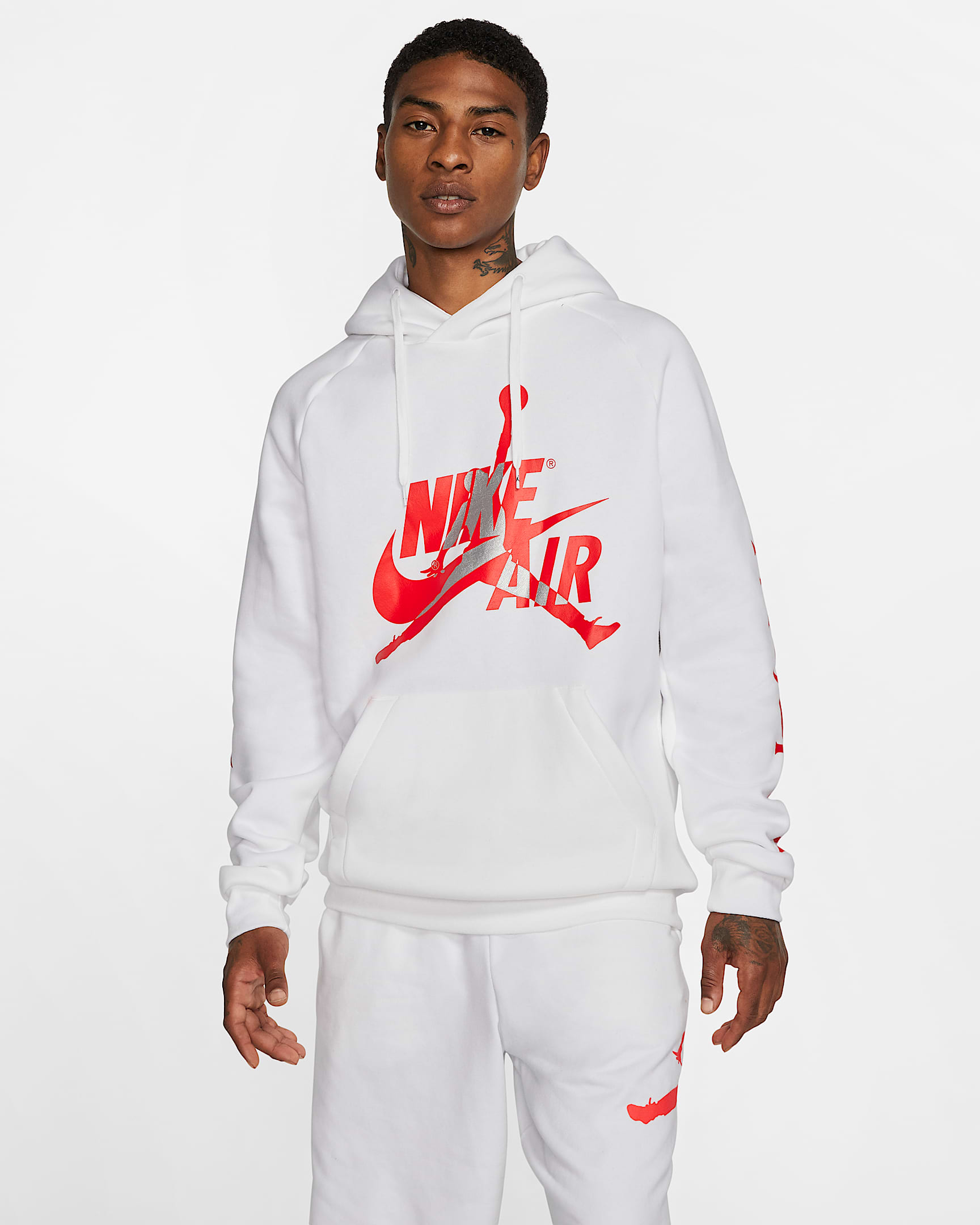 Jordan Jumpman Classics 男子起绒套头连帽衫 - 白色/红外线红 23/金属银/红外线红 23