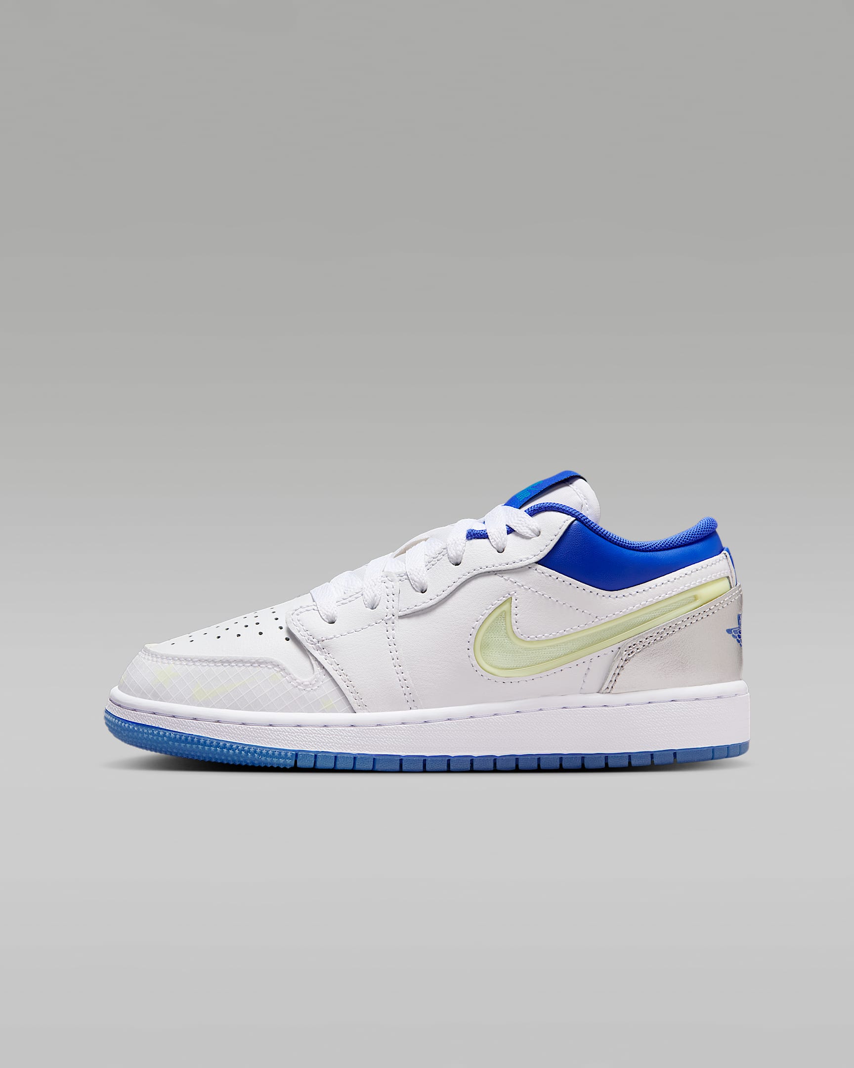 Air Jordan 1 Low Sneaker School 大童运动鞋 - 白色/金属银/浅荧光黄/皇家蓝