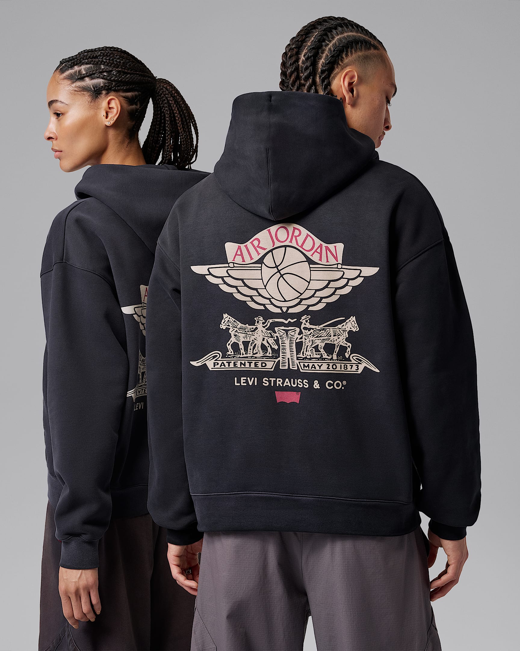 Jordan x Levi's® 男子全长拉链开襟加绒连帽衫 - 黑/淡象牙白/健身红