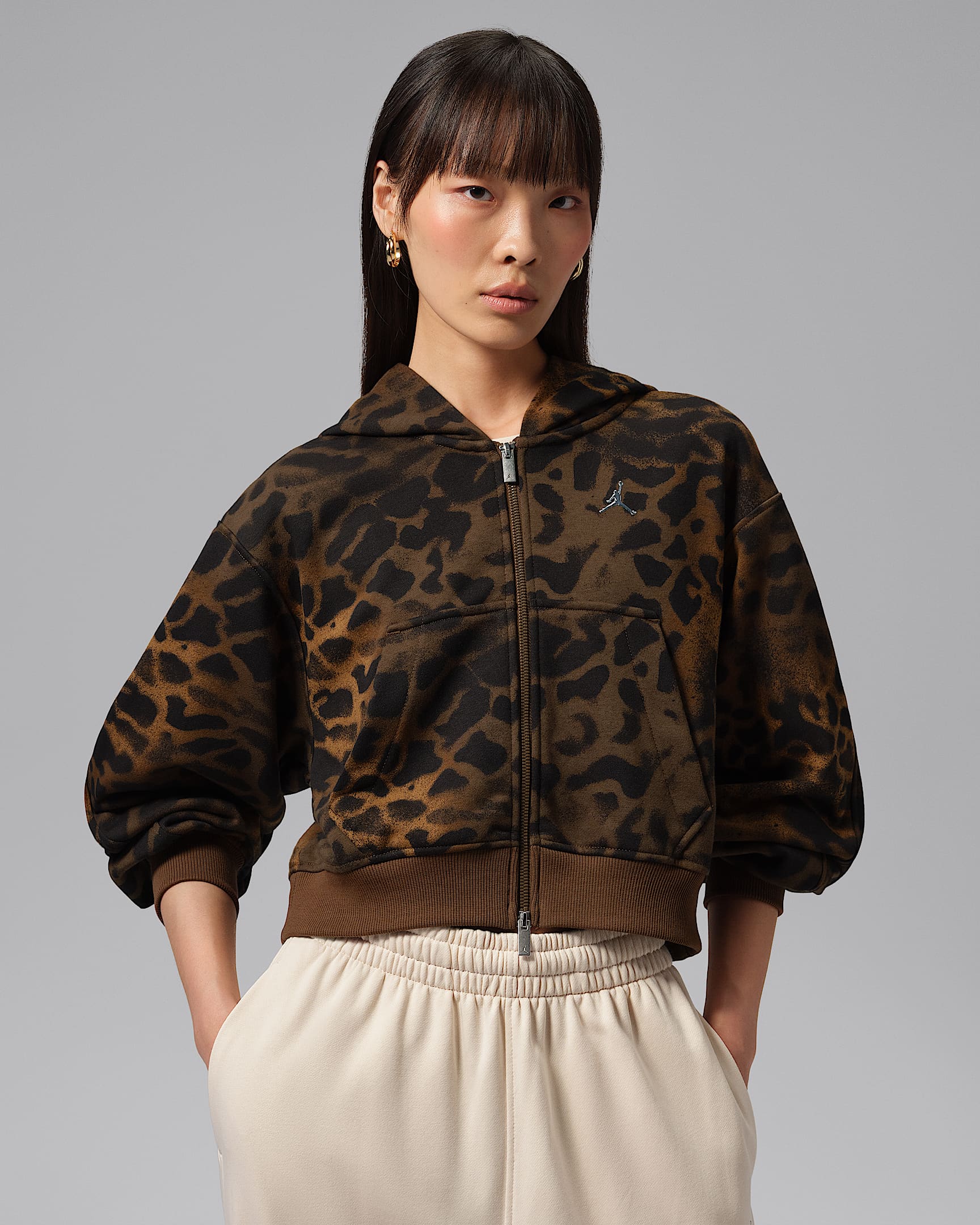 Jordan Brooklyn 女子短款全长拉链开襟连帽衫 - 浅英国褐/惊喜可可色
