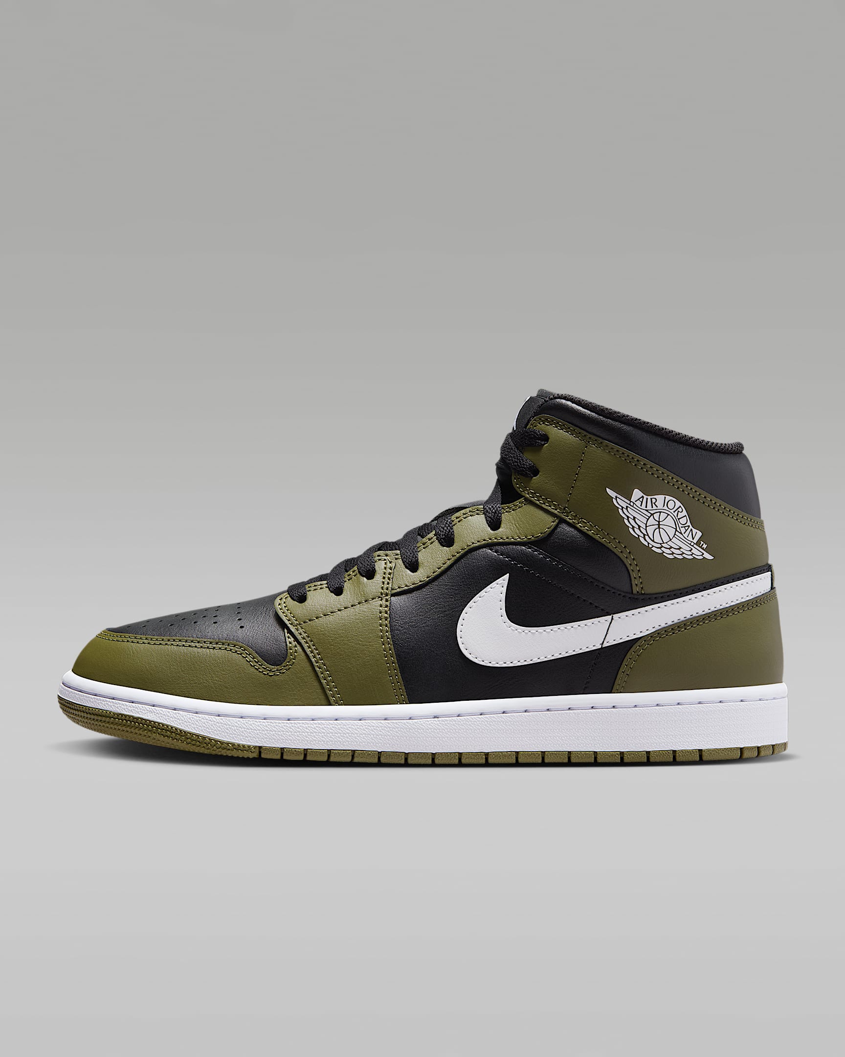 Air Jordan 1 Mid 男子百搭运动鞋 - 黑/中橄榄绿/帆白/白色