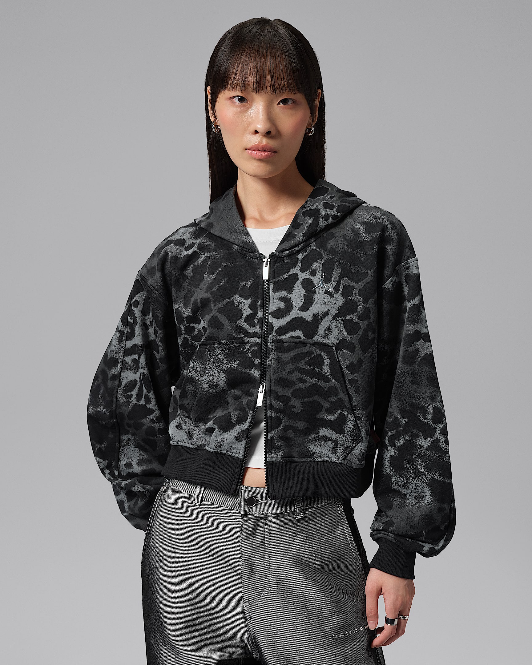 Jordan Brooklyn 女子短款全长拉链开襟连帽衫 - 黑/黑