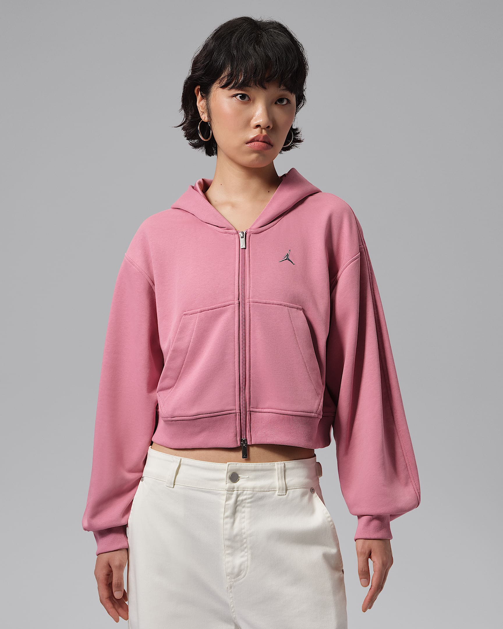 Jordan Brooklyn 女子短款全长拉链开襟连帽衫 - 淡莓红