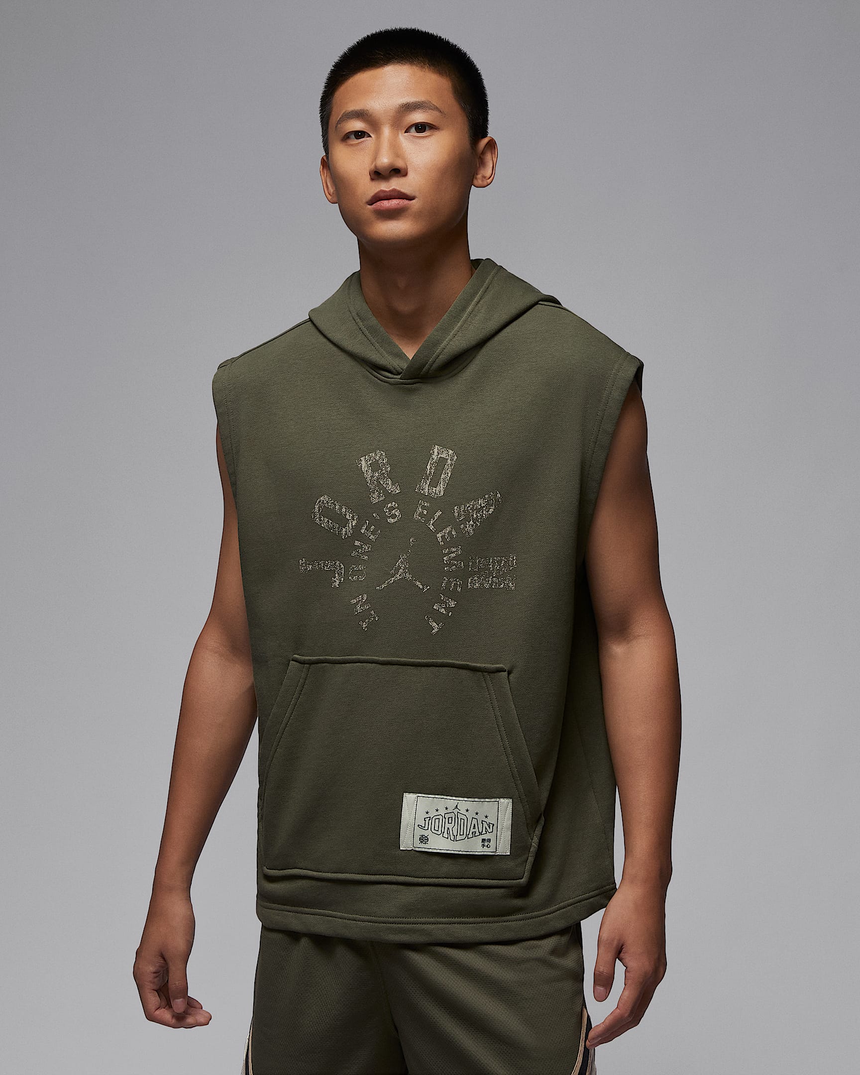 Jordan Sport Crossover Dongdan Dri-FIT 下站东单男子速干法式毛圈无袖套头连帽衫 - 中橄榄绿/灰黑
