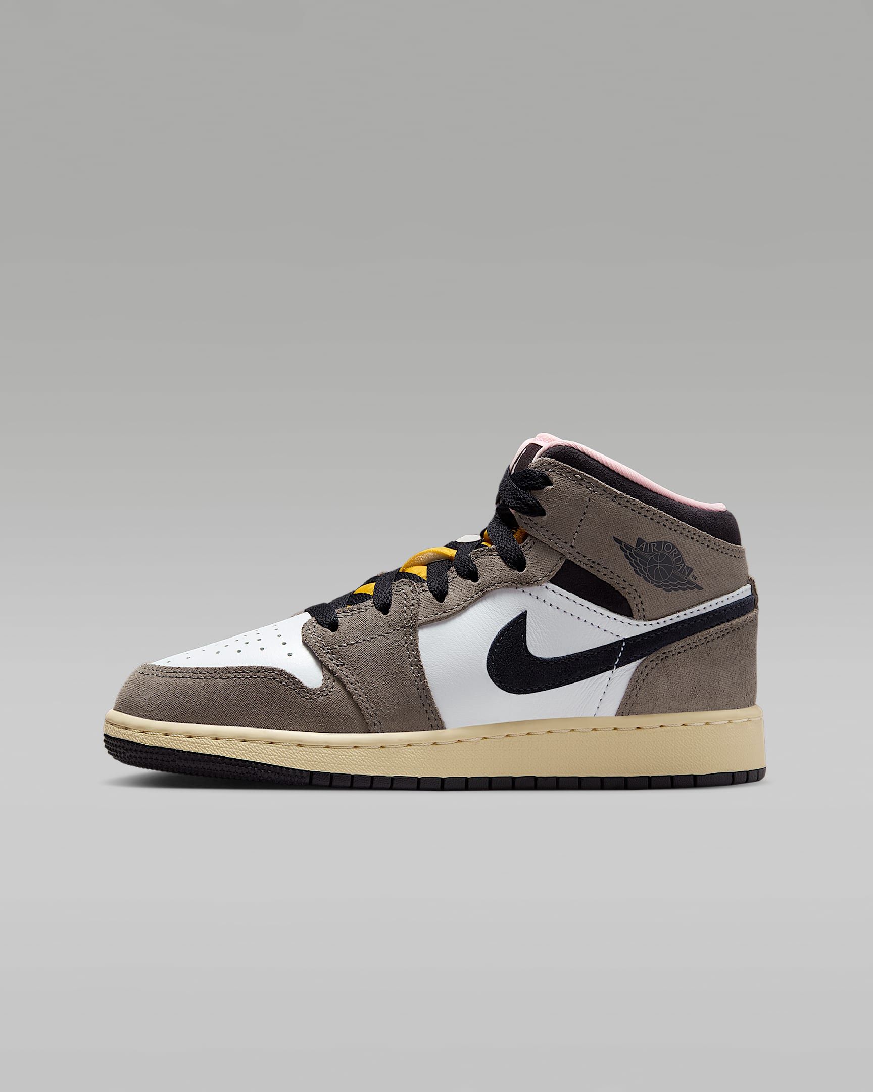 Air Jordan 1 Mid SE 大童运动鞋 - 白色/洞穴石色/暗硫色/油灰