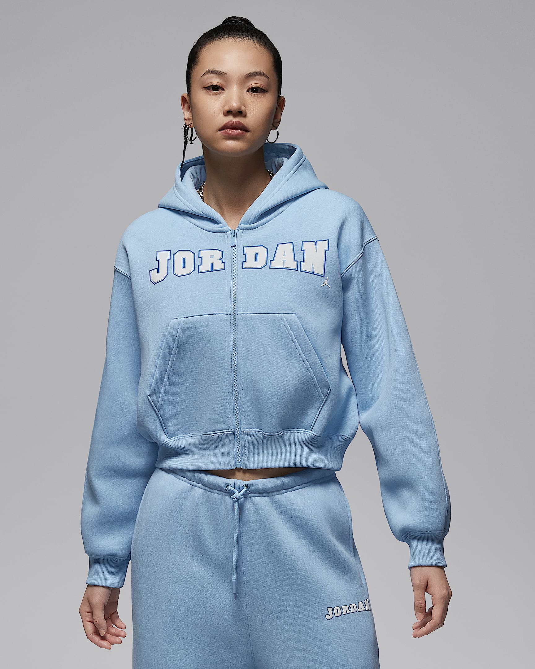 Jordan Brooklyn Fleece 女子全长拉链开襟中短款加绒连帽衫 - 心灵蓝/白色