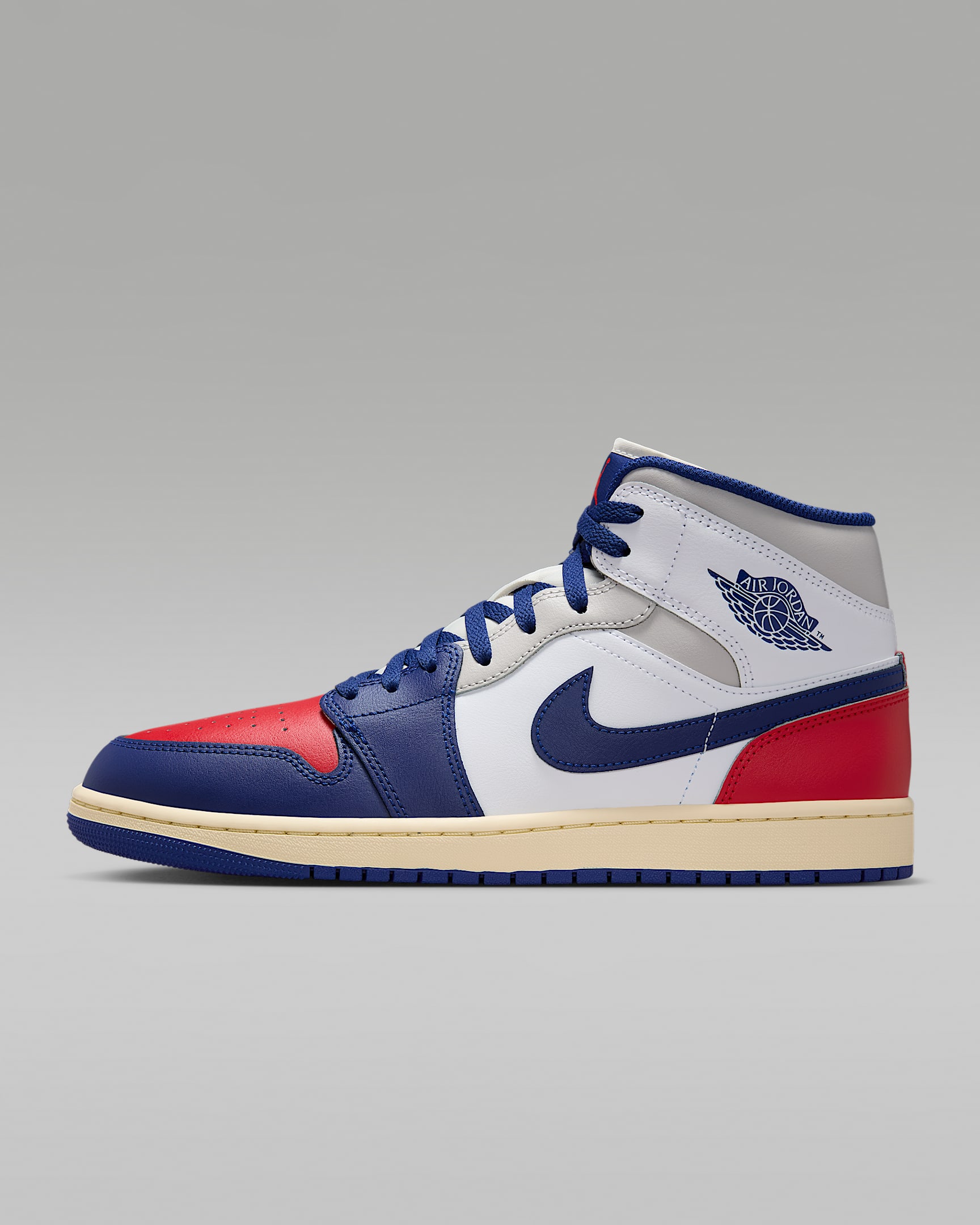 Air Jordan 1 Mid 男子百搭运动鞋 - 白色/大学红/浅灰/深宝蓝