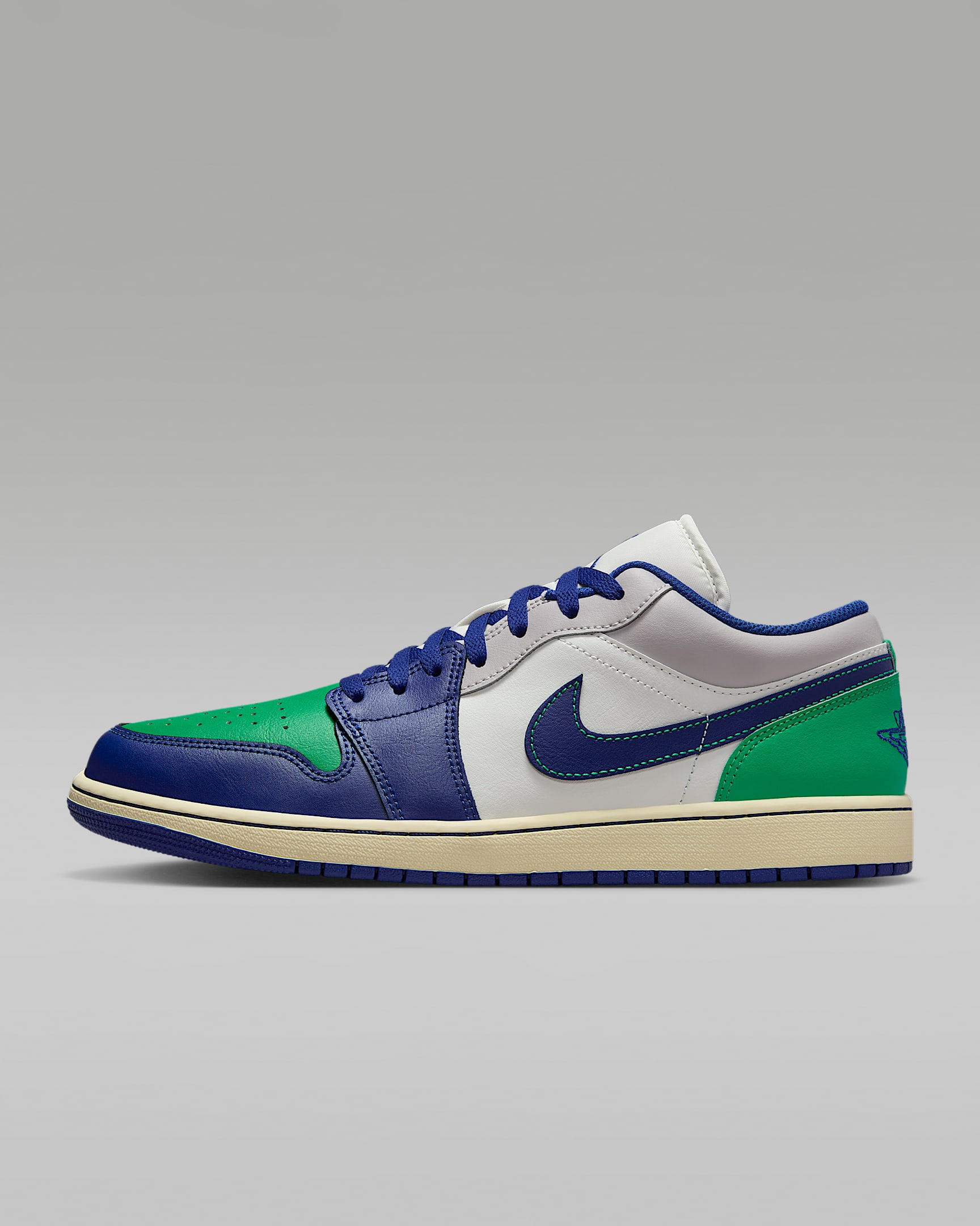 Air Jordan 1 Low 男子经典复古运动鞋 - 帆白/体育场绿/浅灰/深宝蓝