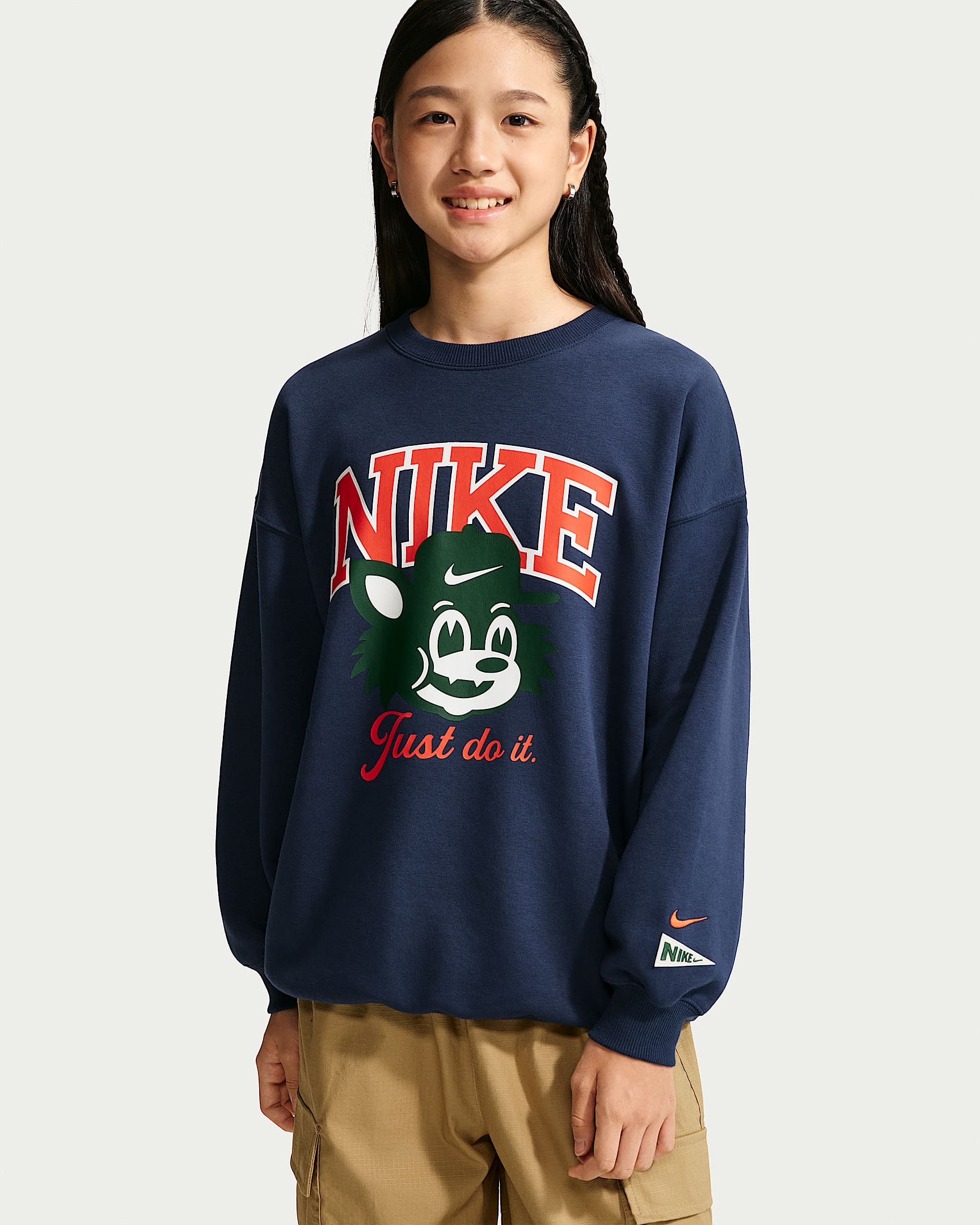 Nike Sportswear 大童(女孩)Oversize 风加绒圆领运动衫 - 深藏青