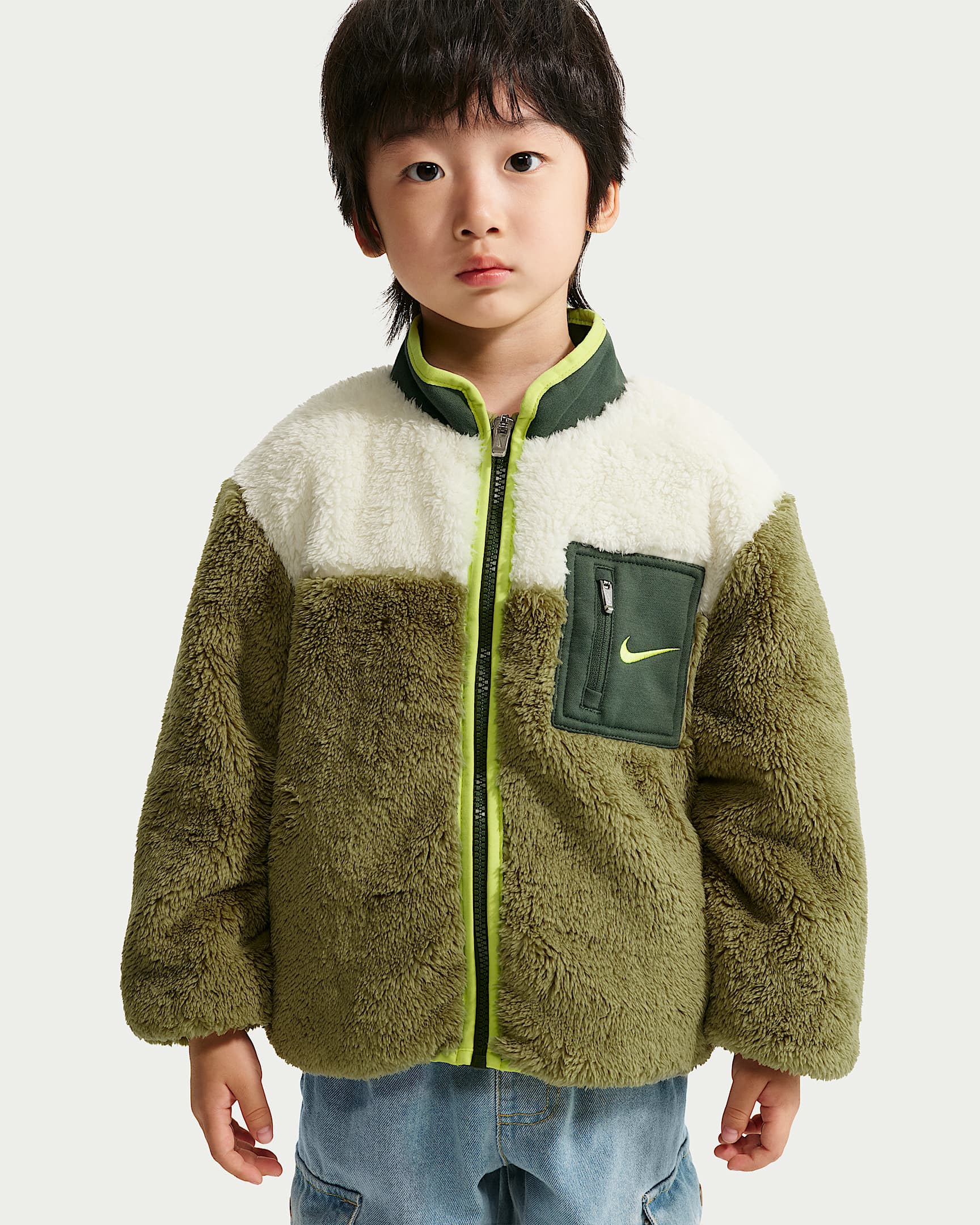Nike Little Creators 婴童珊瑚绒全长拉链开襟夹克 - 灰橄榄绿色