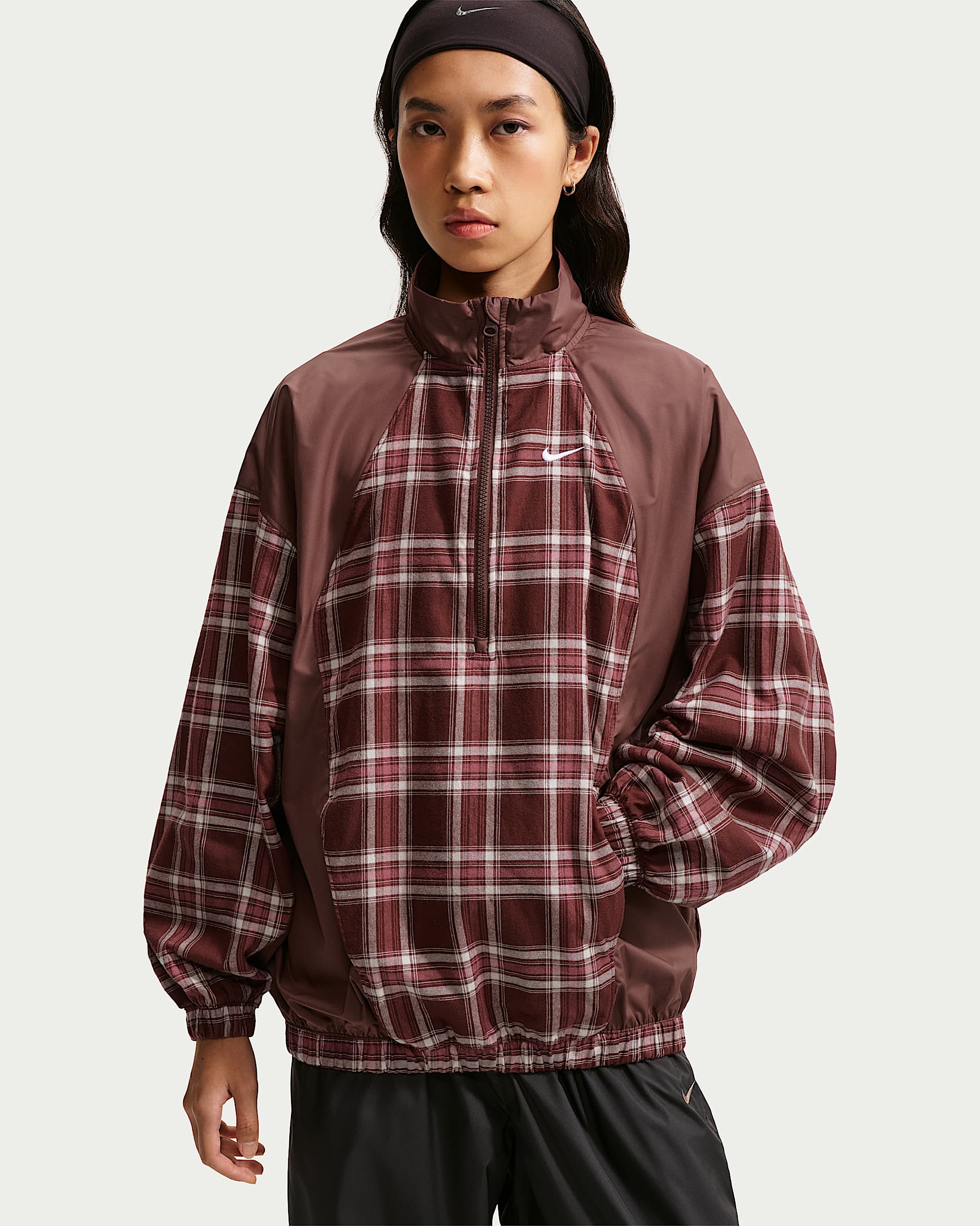 Nike Sportswear 女子 Oversize 风格纹法兰绒拼接上衣 - 神秘枣红/白色