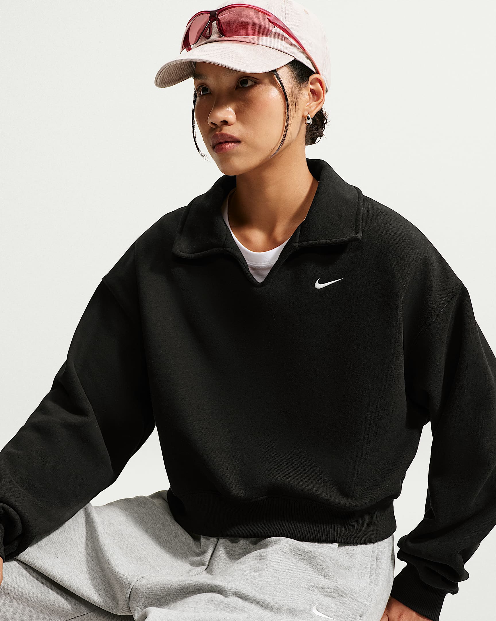 Nike Studio Fleece Medium Weight 耐克廓系卫衣系列女子 Oversize 风中克重加绒短款翻领上衣 - Total Black/帆白