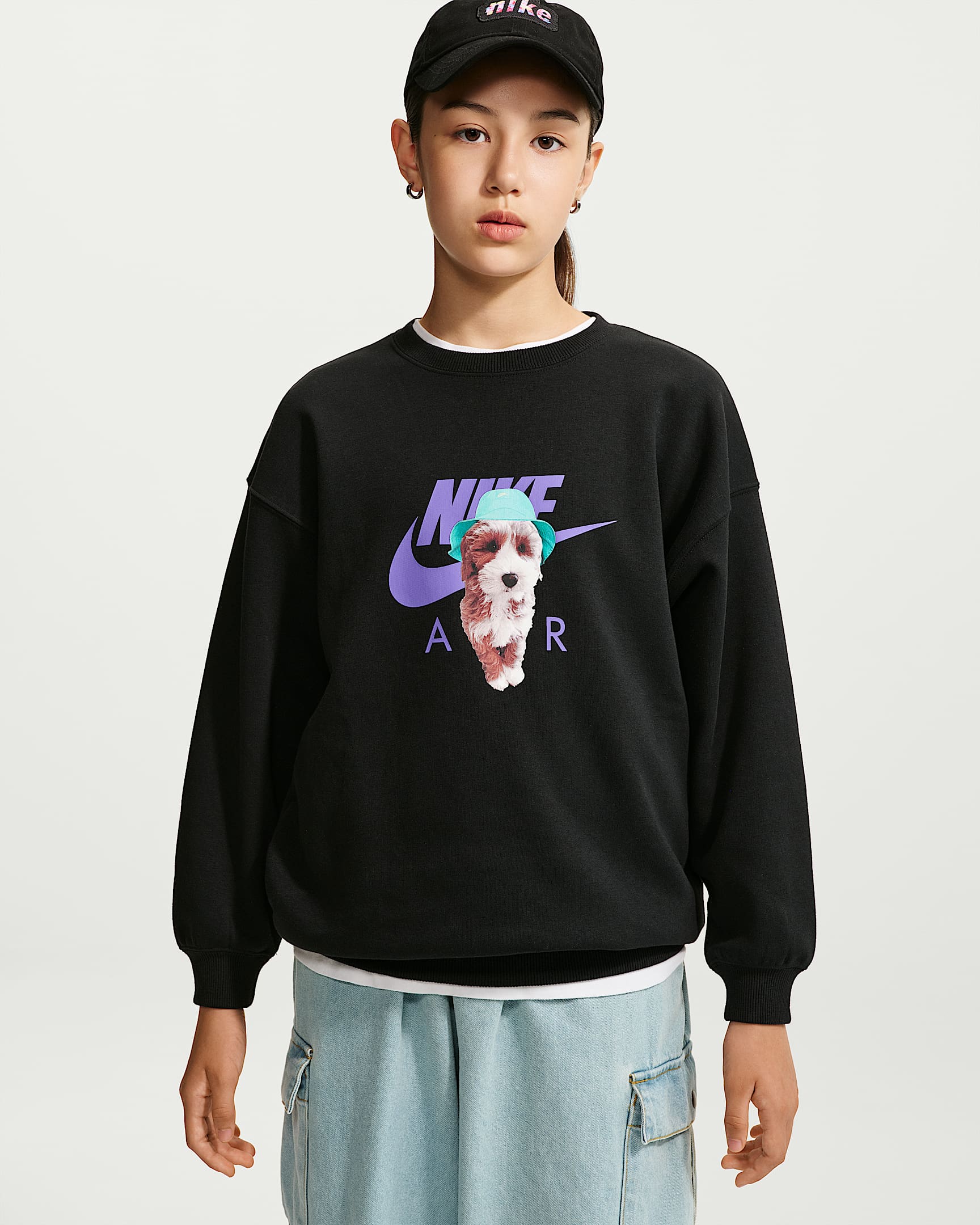 Nike Sportswear Studio Fleece 耐克廓系卫衣系列大童(女孩)Oversize 风加绒圆领运动衫 - 黑
