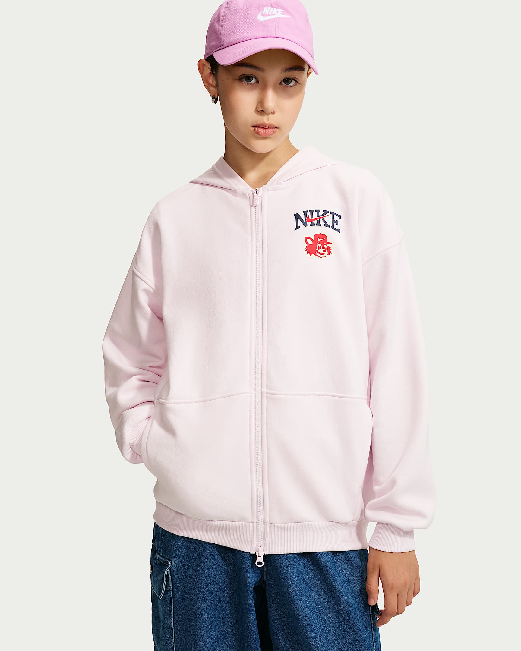 Nike Sportswear Club 大童(女孩)Oversize 风加绒全长拉链开襟连帽衫 - 珍珠粉