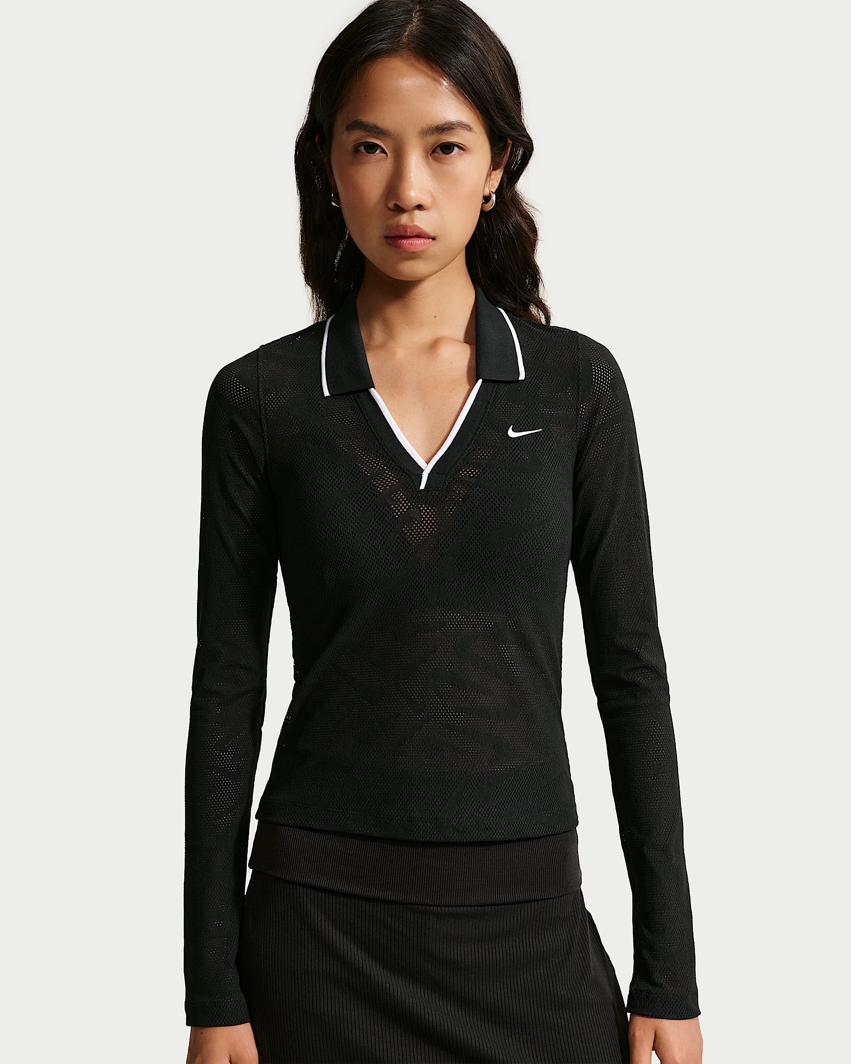 Nike Sportswear Chill Knit 女子紧身中短款长袖蕾丝上衣 - 黑/黑/白色/白色