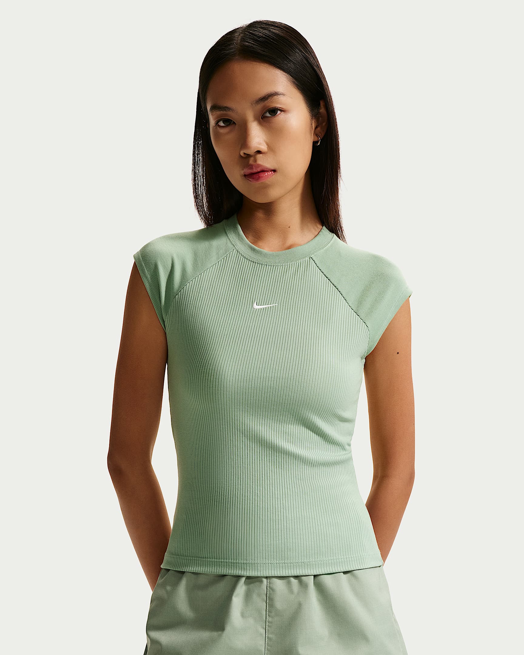 Nike Sportswear Chill Knit 女子紧身短袖罗纹上衣 - 温和灰绿/帆白