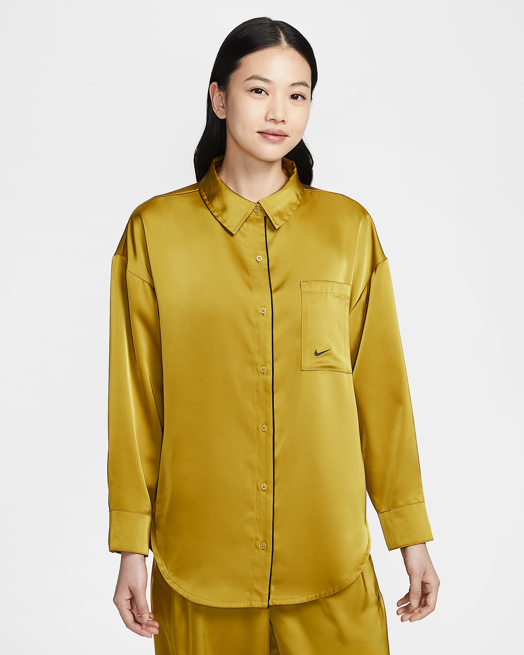 Nike Sportswear 女子 Oversize 风缎面长袖上衣 - 泥煤苔黄/黑