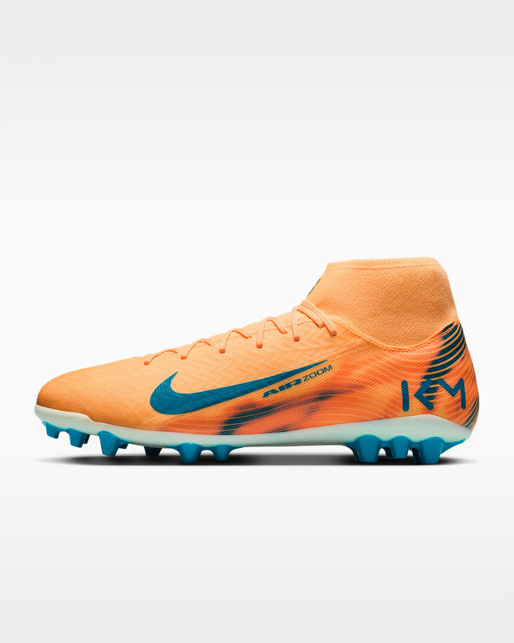 Nike Mercurial Superfly 10 Academy "Kylian Mbappé" 耐克刺客系列姆巴佩男/女 AG 人造草地高帮足球鞋 - 浅甜瓜橙/伊格鲁蓝/孔雀蓝