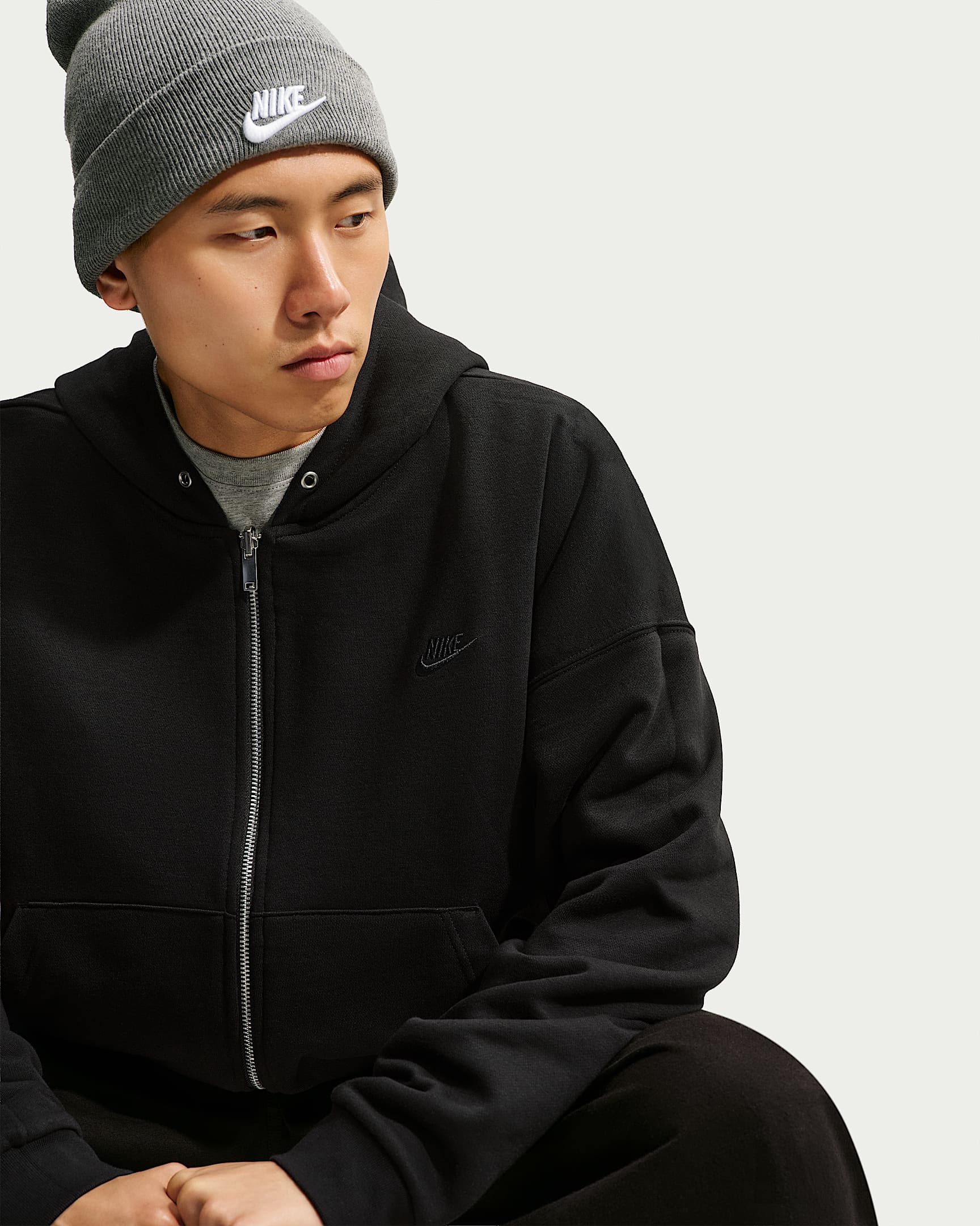 Nike Club 男子 Oversize 风全长拉链开襟双面穿针织连帽衫 - 黑/黑曜石色/白色