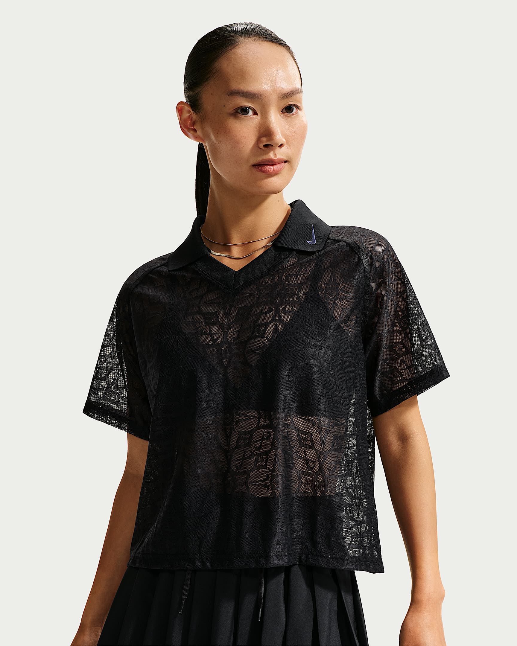 Nike Sportswear 女子宽松蕾丝翻领针织上衣 - 黑/黑/黑/白色