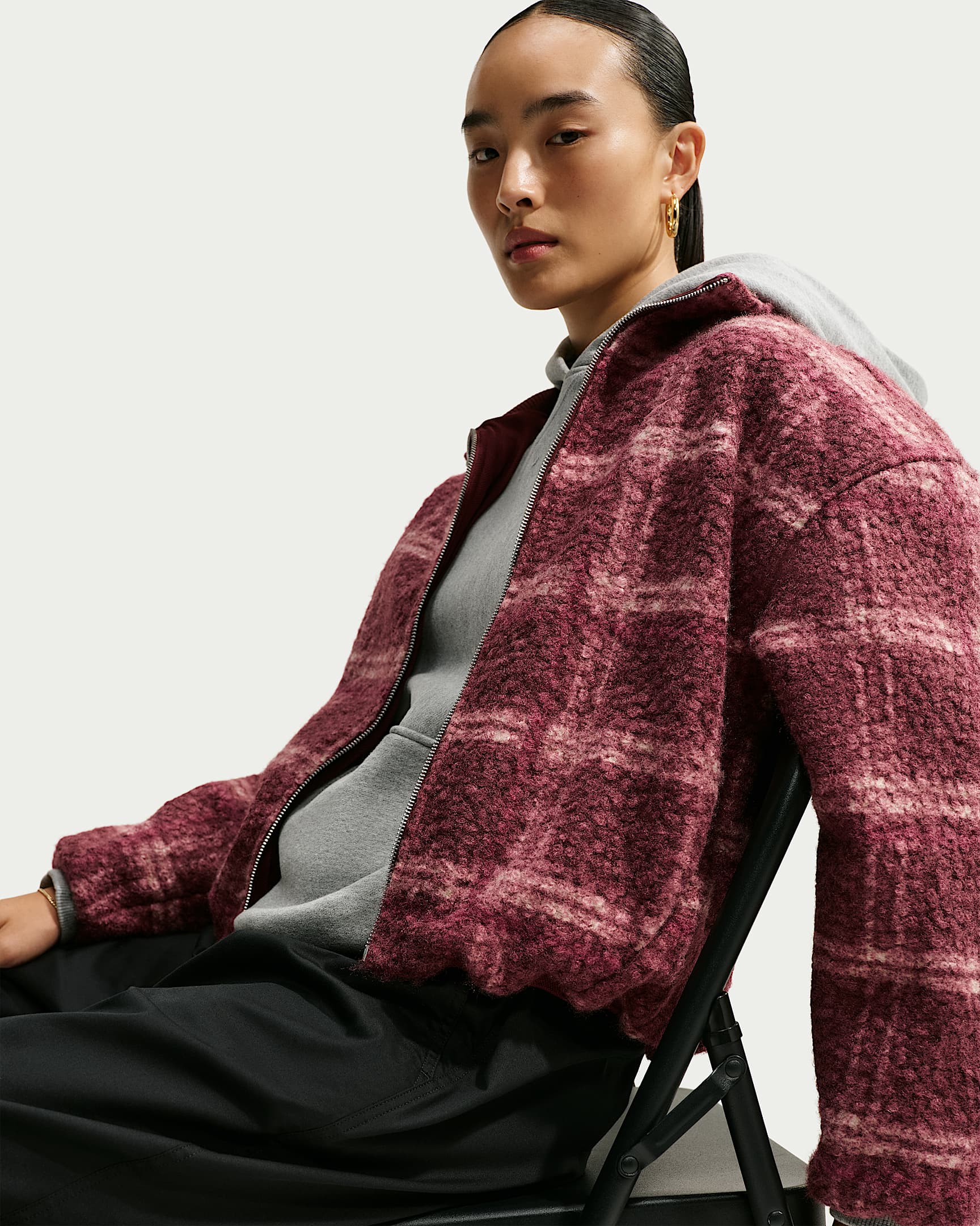 Nike Sportswear 女子 Oversize 风仿羊羔绒格纹夹克 - 神秘枣红/烟灰粉