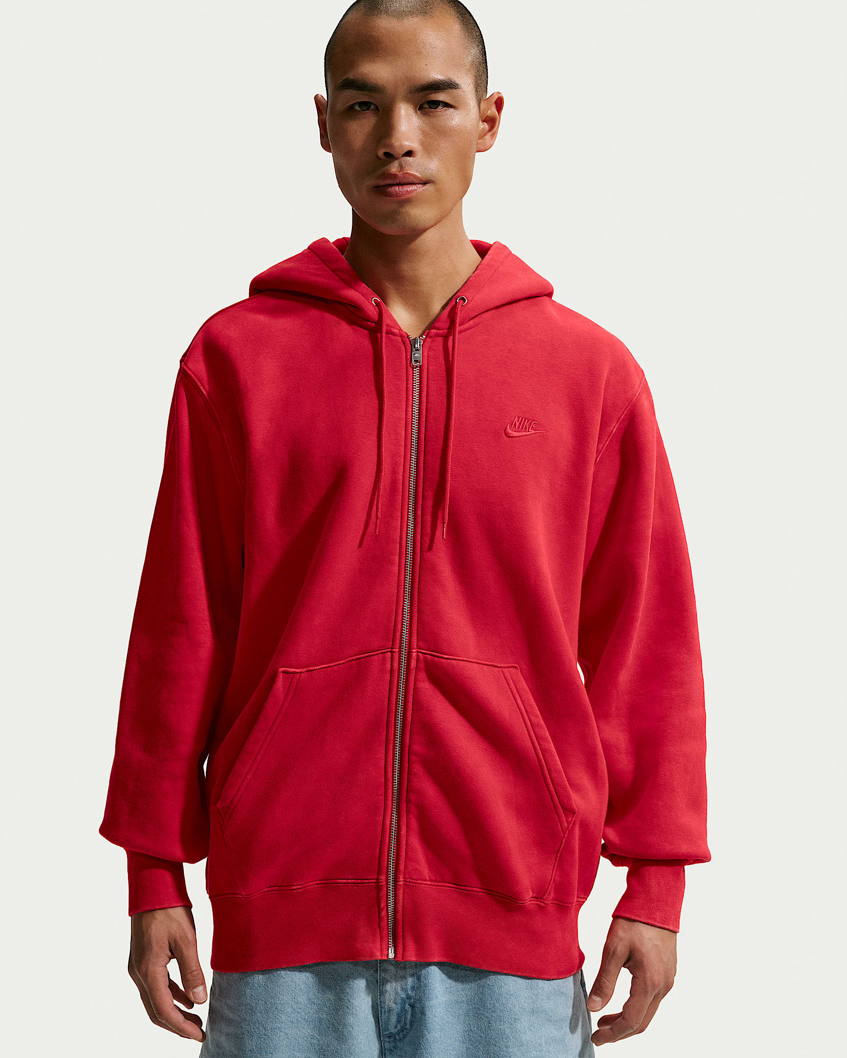 Nike Club 男子全长拉链开襟加绒连帽衫 - 大学红/大学红