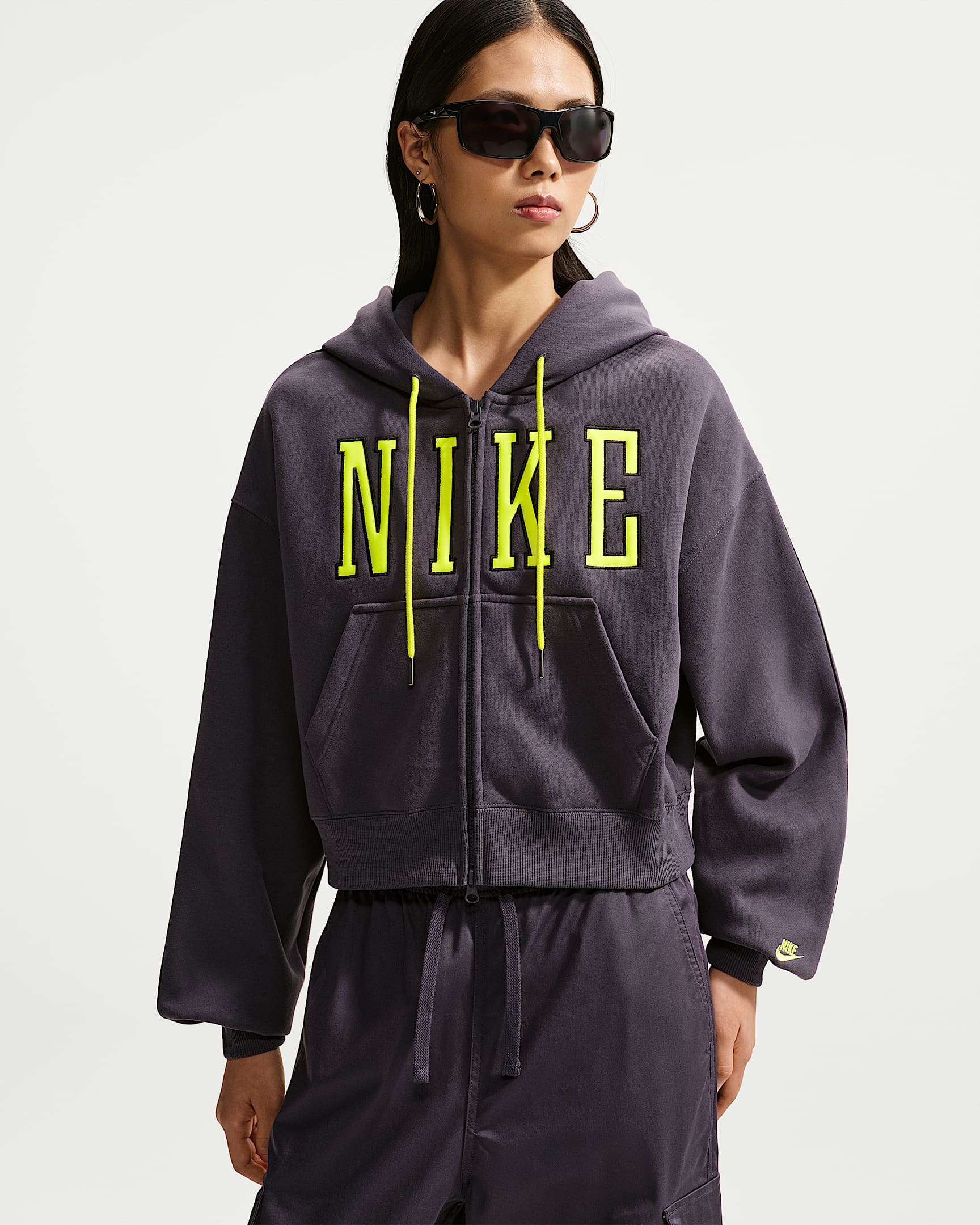Nike Studio Fleece Medium Weight 耐克廓系卫衣系列女子 Oversize 风中克重加绒全长拉链开襟短款连帽衫 - 铁架黑/亮眼柠檬黄/亮眼柠檬黄