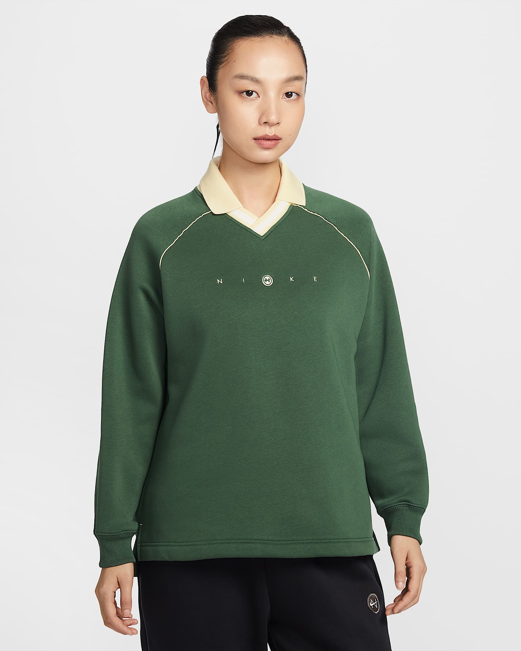 Nike Sportswear Phoenix Fleece 女子 Oversize 风图案加绒翻领上衣 - 冷杉绿/石膏色