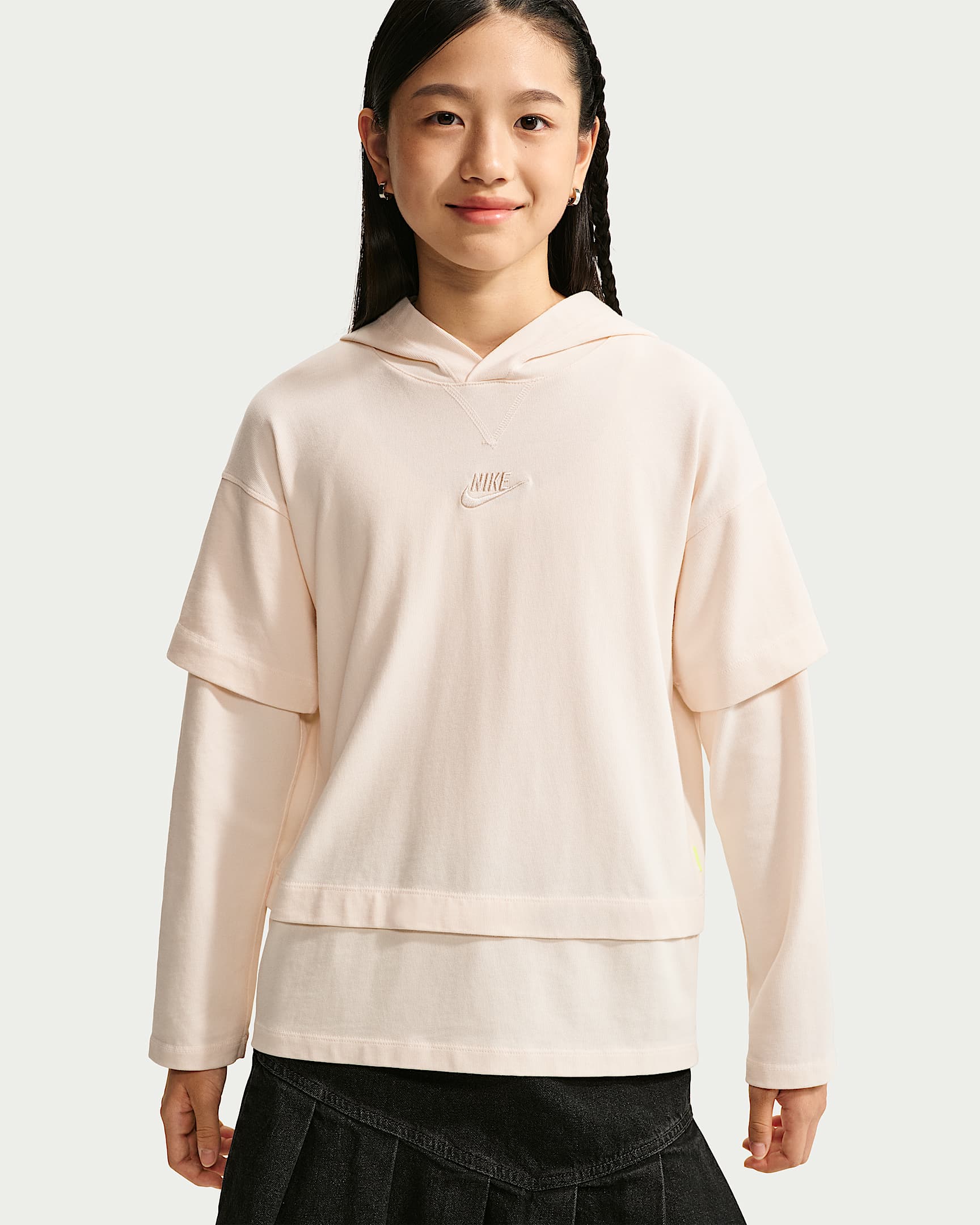 Nike Sportswear Collection 大童假两件式长袖上衣 - 粉白/神秘枣红/荧光黄/粉白