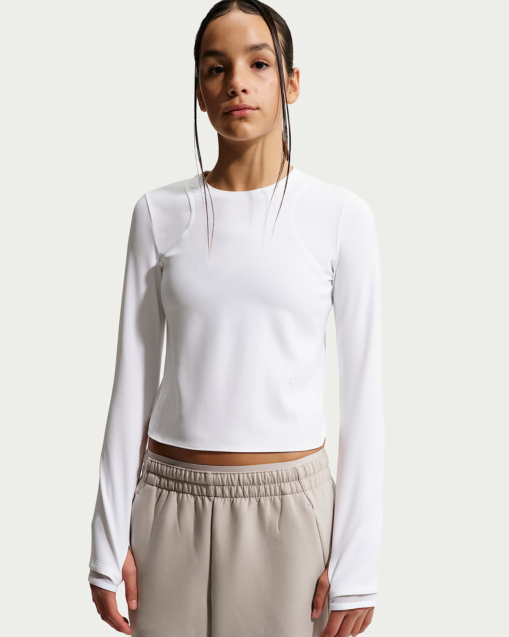 Nike MAVN Dri-FIT 耐克好动心系列大童（女孩）速干罗纹长袖上衣 - 白色/白色/白色