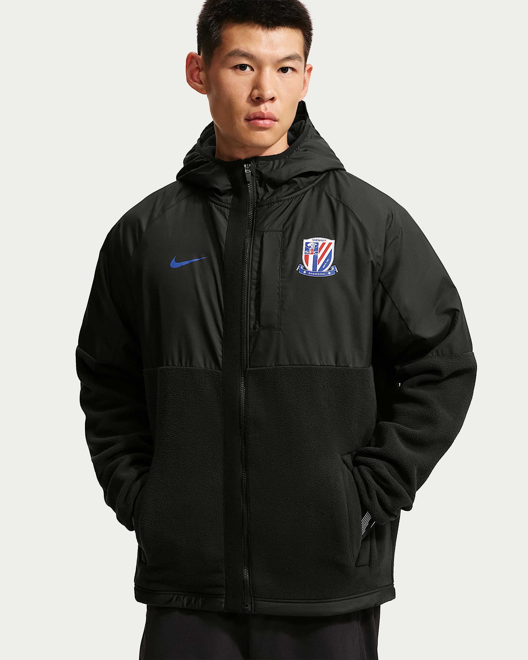 上海申花足球俱乐部 Nike 男子冬季款摇粒绒足球夹克 - 黑/校园宝蓝