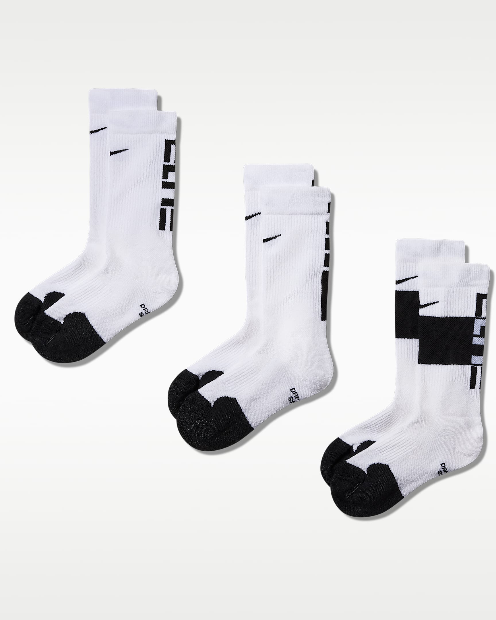 Nike Elite 大童速干中筒篮球袜(3 双) - 白色/黑
