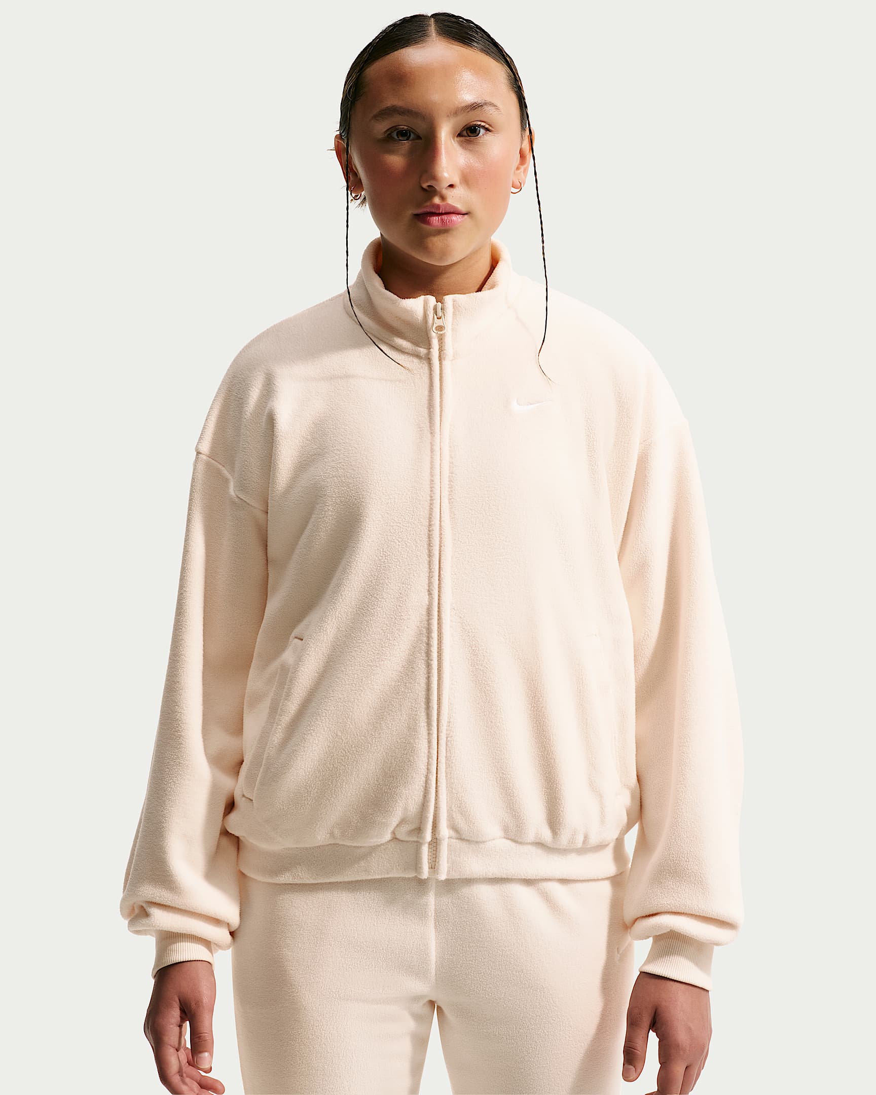 Nike Sportswear 大童(女孩)摇粒绒夹克 - 粉白/白色