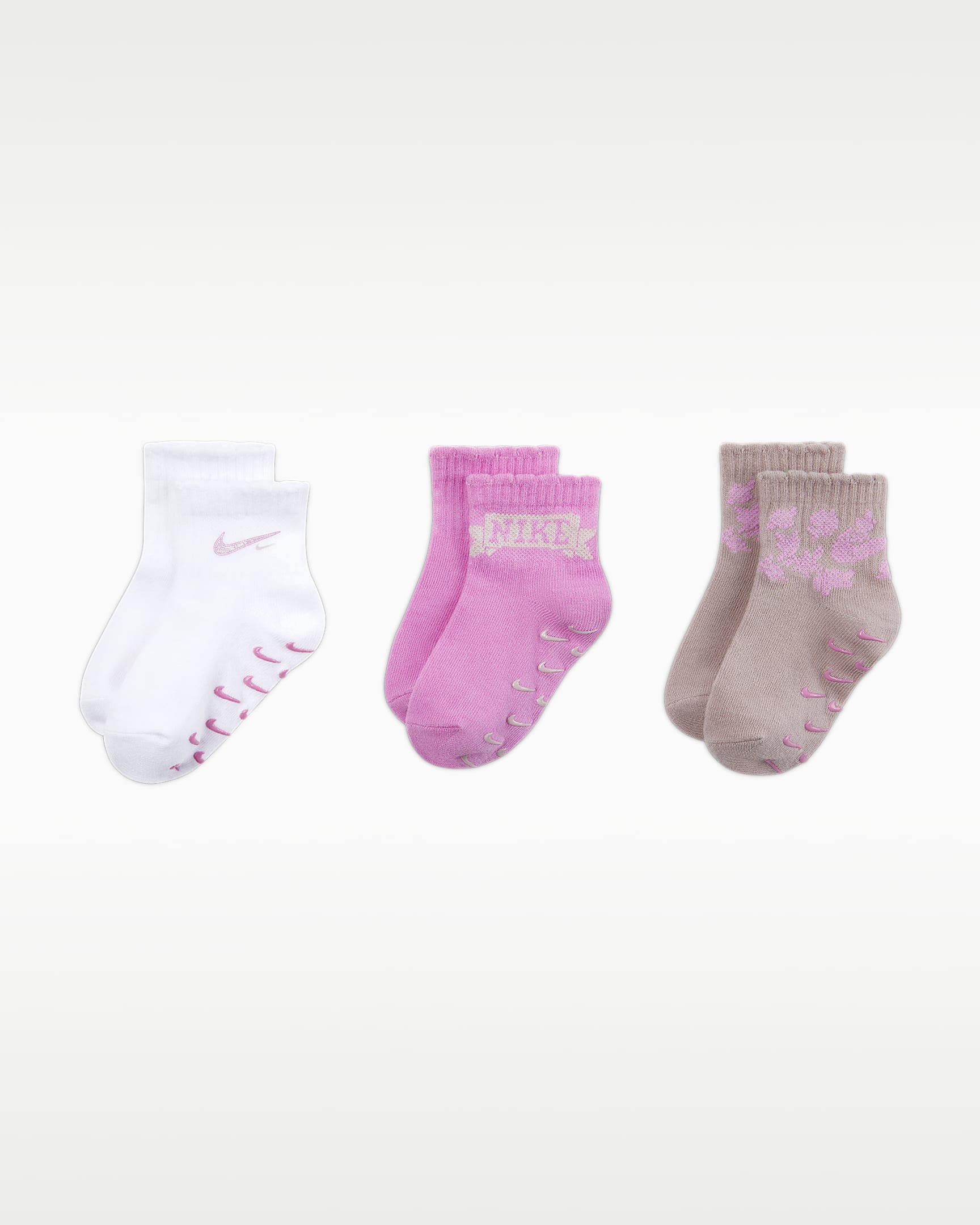 Nike 婴童运动短袜（3 双） - 浅品红/白色/棕色