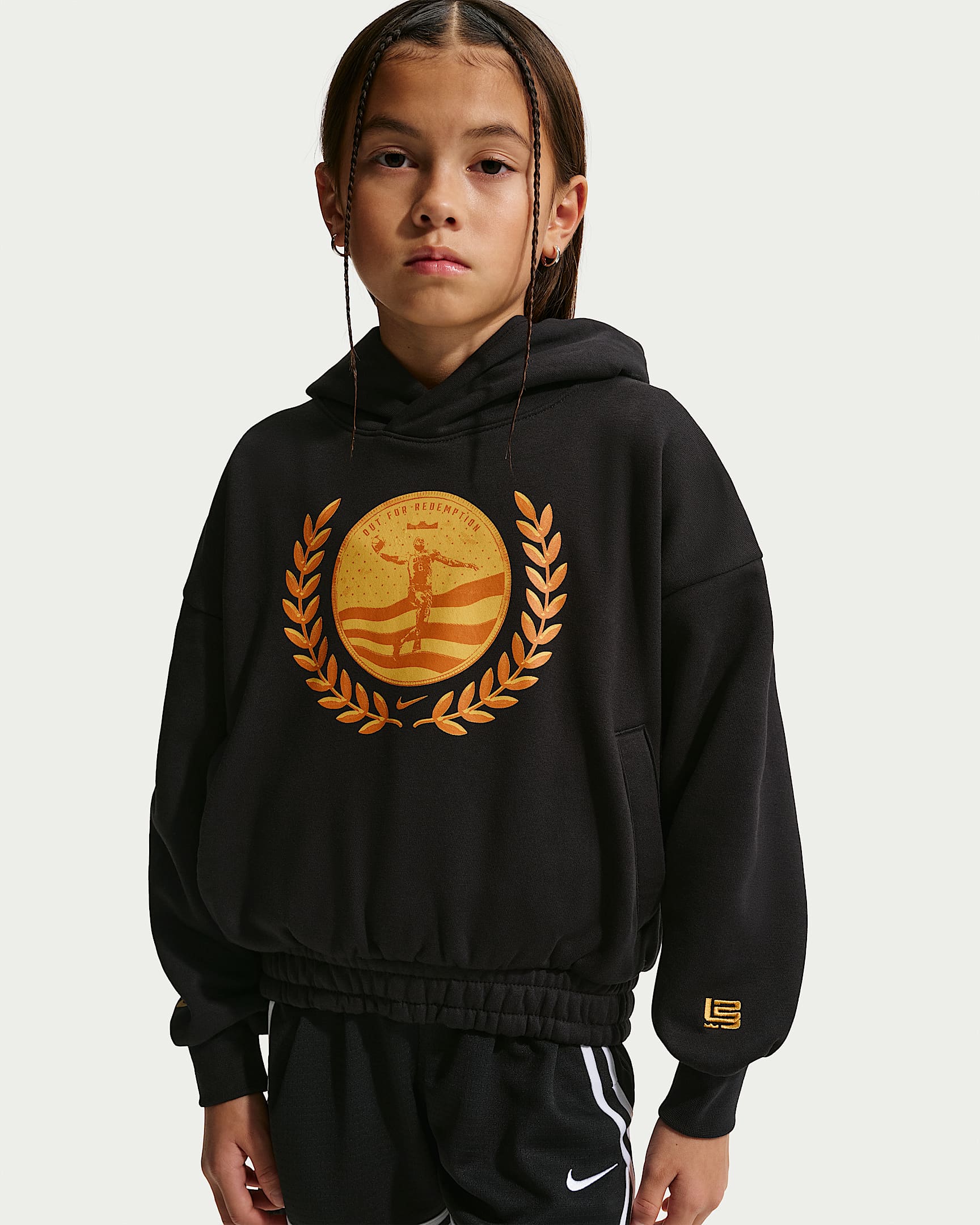 LeBron 詹姆斯大童加绒篮球连帽衫 - 黑/日晕黄