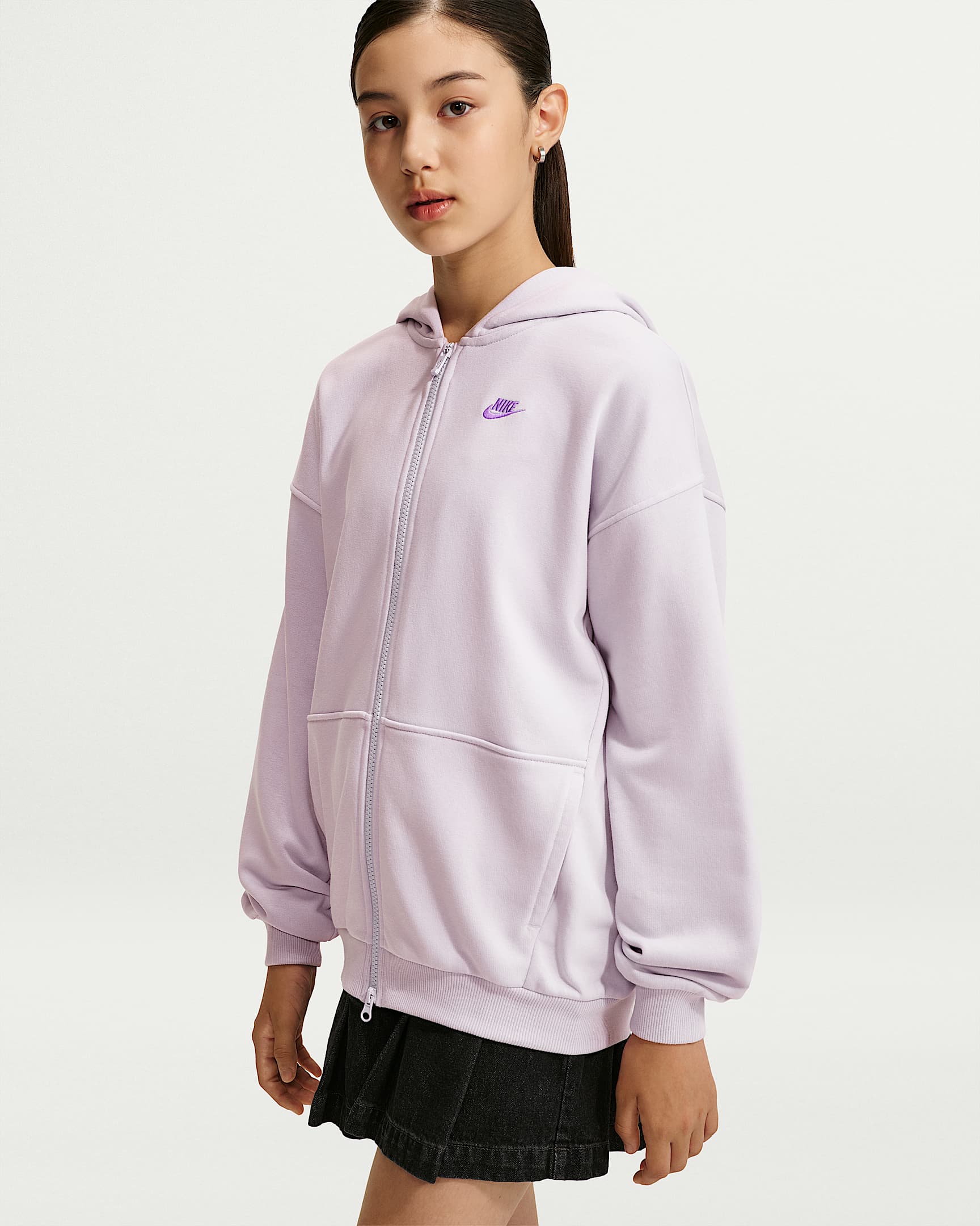 Nike Sportswear Club 大童(女孩)Oversize 风加绒全长拉链开襟连帽衫 - 粉紫