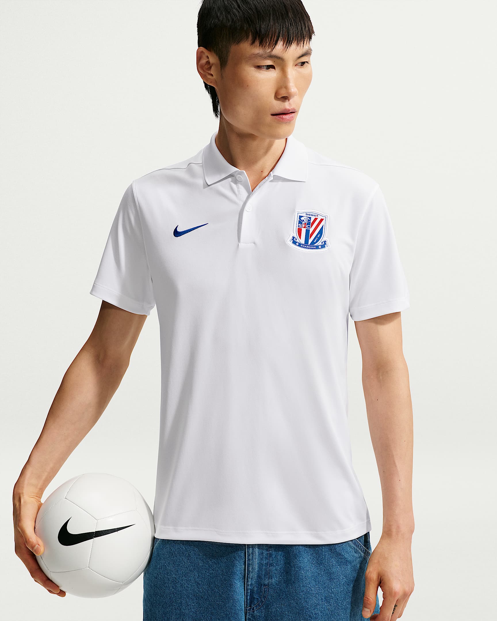 2026 赛季上海申花足球俱乐部 Nike Dri-FIT Victory 男子速干翻领短袖T恤 - 白色/运动宝蓝