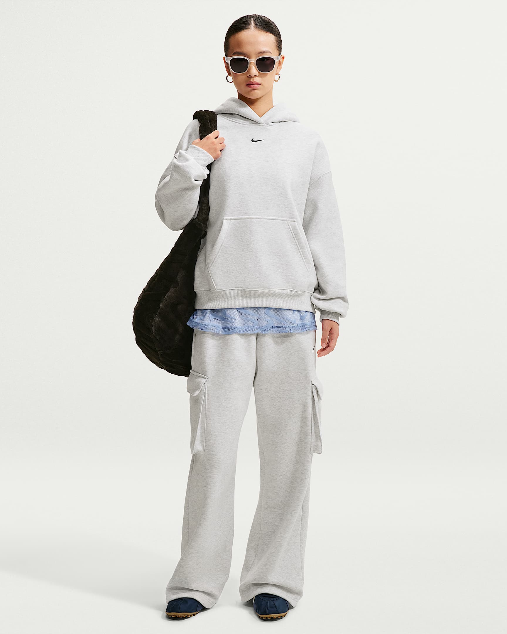 Nike Studio Fleece Medium Weight 耐克廓系卫衣系列女子 Oversize 风中克重加绒高腰工装长裤 - 调色桦树色/黑
