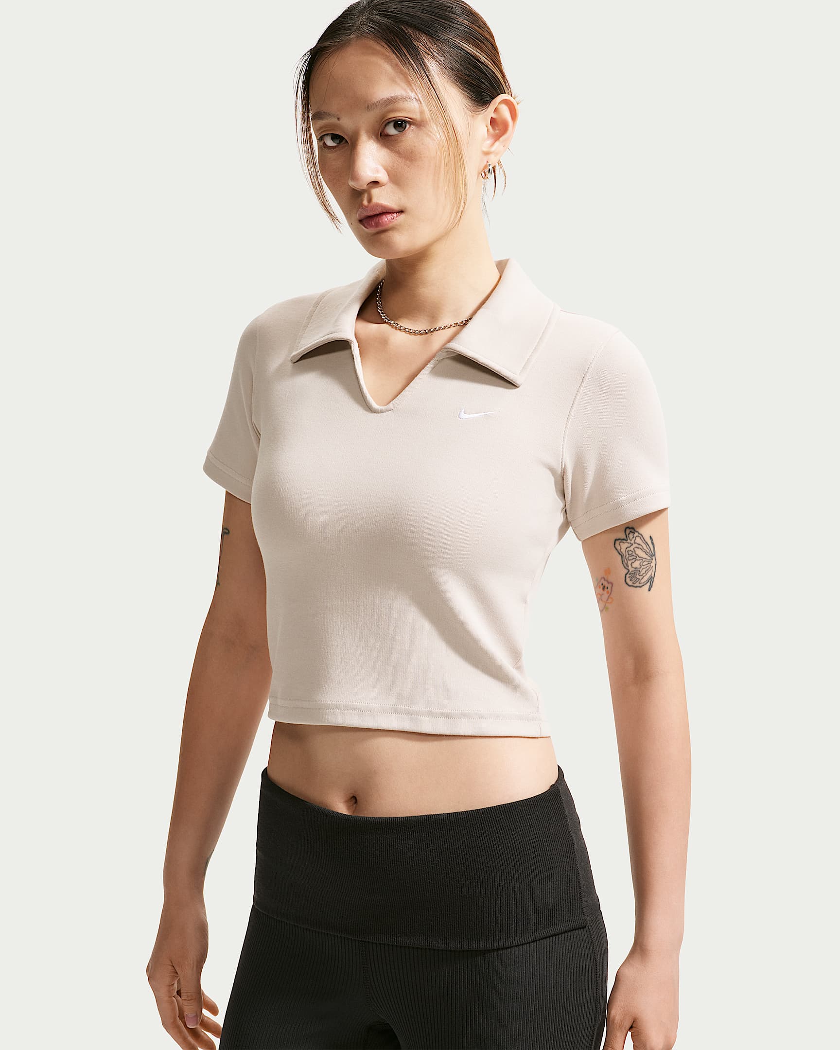 Nike Sportswear 女子紧身短款短袖翻领T恤 - 奶白 II/白色